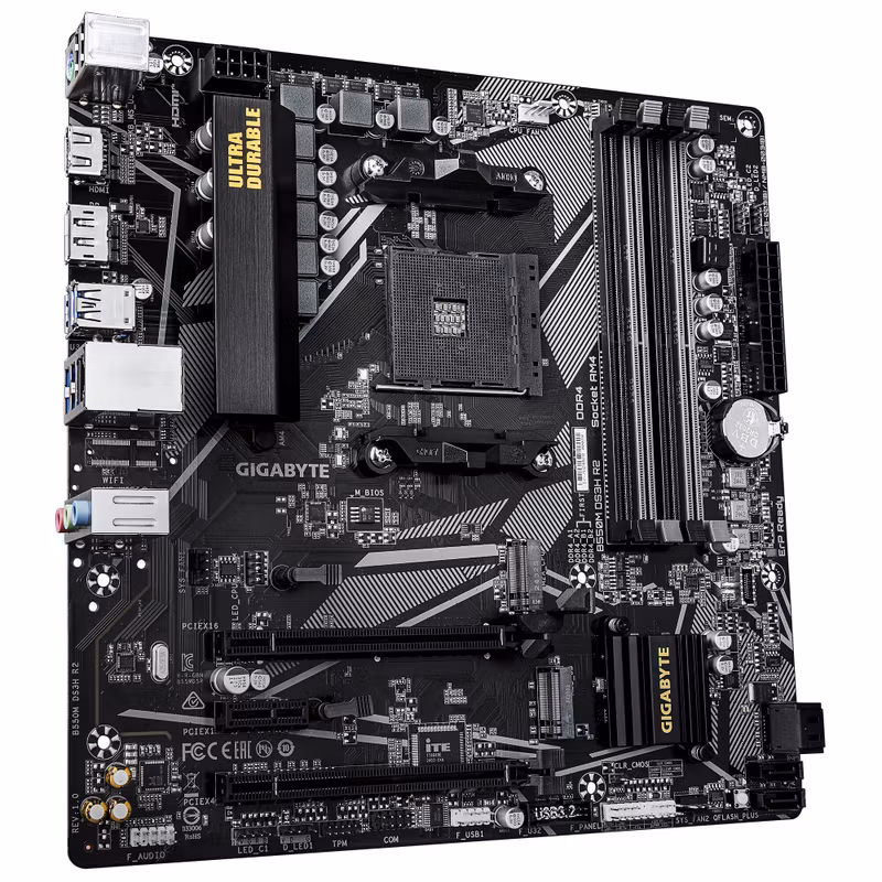 GIGABYTE B550M DS3H R2 moderkort – AMD Ryzen 5000 CPU:er, 5+3-fas VRM, upp till 4733 MHz DDR4 (O.C.), 1×PCIe 4.0 + 1×PCIe 3.0 M.2, 1 GbE LAN, USB 3.2 Gen 1