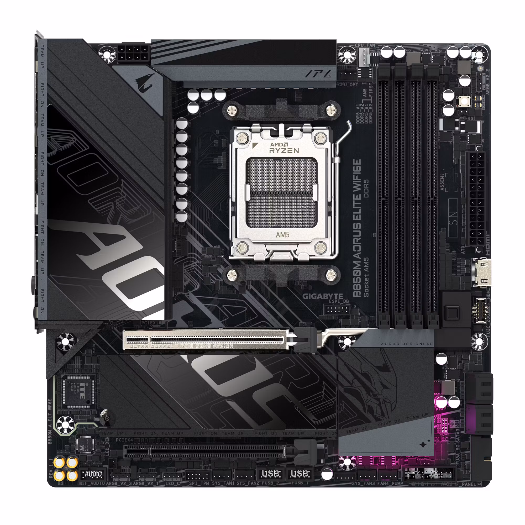 GIGABYTE B850M AORUS ELITE WIFI6E Moderkort - AMD Ryzen 9000 Series CPU:er, 12+2+2-fas Digital VRM, upp till 8200MHz DDR5 (OC), 1xPCIe 5.0 + 1xPCIe 4.0 M.2, WIFI 6E, 2.5GbE LAN, USB 3.2 Gen 2