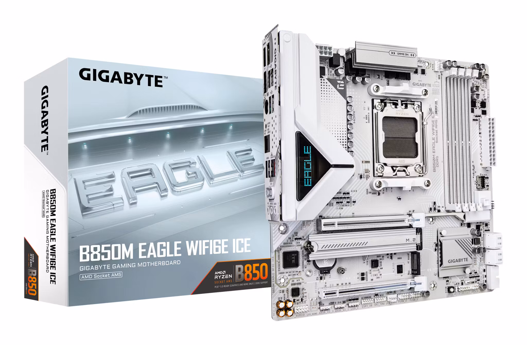 GIGABYTE B850M EAGLE WIFI6E ICE moderkort - AMD Ryzen 9000 Series CPU:er, 8+2+2 Phases Digital VRM, upp till 8200 MHz DDR5 (OC), 1xPCIe 5.0 + 1xPCIe 4.0 M.2, Wi‑Fi 6E, 2,5 GbE LAN, USB 3.2 Gen 2