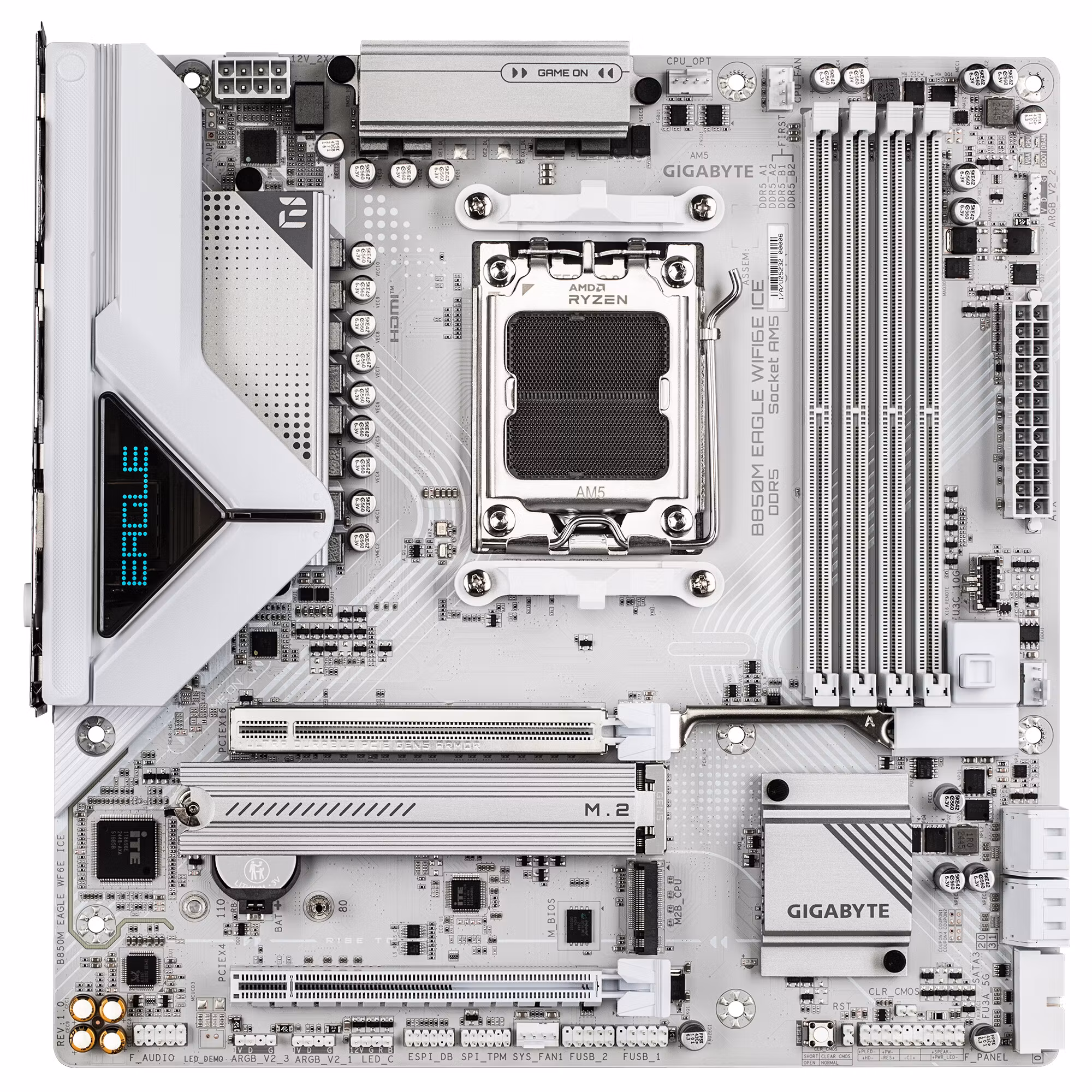 GIGABYTE B850M EAGLE WIFI6E ICE moderkort - AMD Ryzen 9000 Series CPU:er, 8+2+2 Phases Digital VRM, upp till 8200 MHz DDR5 (OC), 1xPCIe 5.0 + 1xPCIe 4.0 M.2, Wi‑Fi 6E, 2,5 GbE LAN, USB 3.2 Gen 2