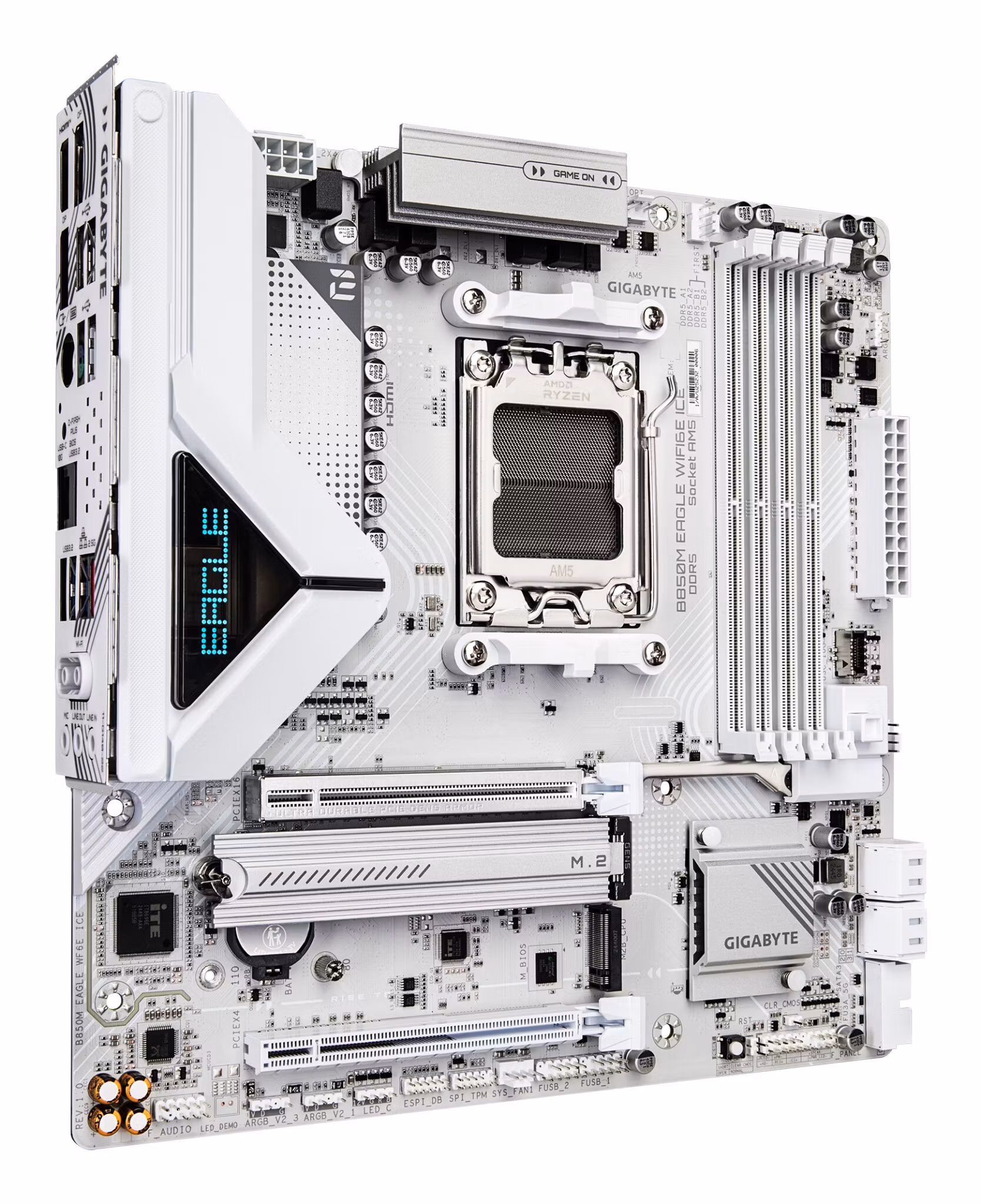 GIGABYTE B850M EAGLE WIFI6E ICE moderkort - AMD Ryzen 9000 Series CPU:er, 8+2+2 Phases Digital VRM, upp till 8200 MHz DDR5 (OC), 1xPCIe 5.0 + 1xPCIe 4.0 M.2, Wi‑Fi 6E, 2,5 GbE LAN, USB 3.2 Gen 2