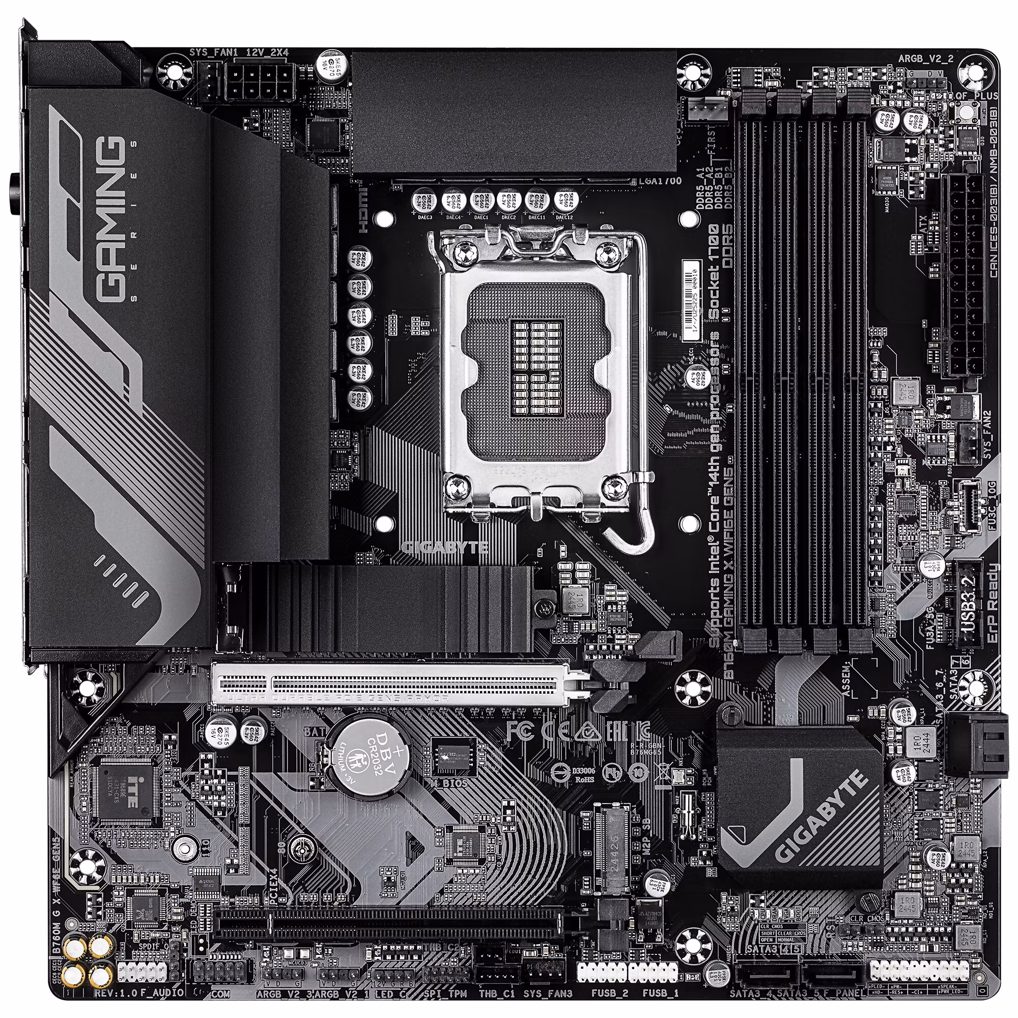 GIGABYTE B760M GAMING X WIFI6E GEN5 moderkort – stöd för 14:e gen. Intel Core‑processorer, 8+1+1 fasers VRM, upp till 5600 MHz DDR5, 2× PCIe 4.0 M.2, Wi‑Fi 6E, 2,5 GbE LAN, USB 3.2 Gen 1