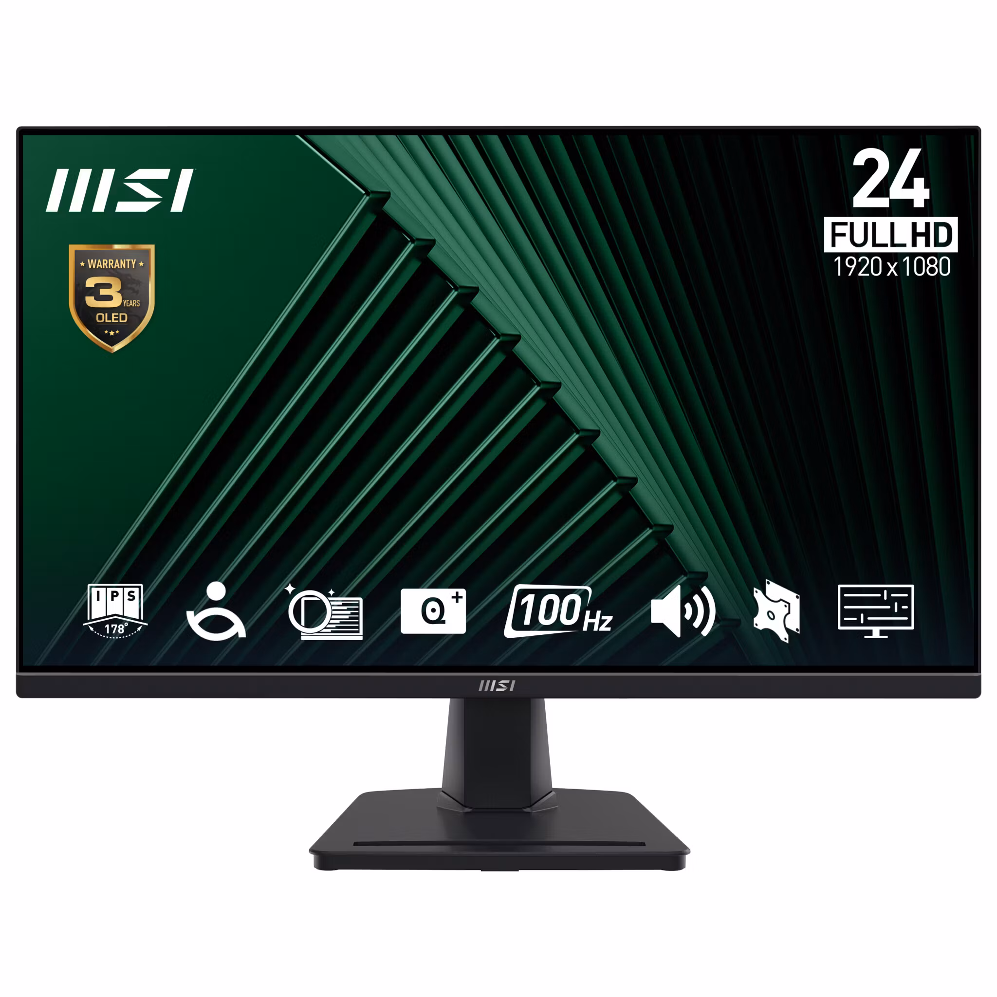 MSI Pro MP245G 24-tums bildskärm, FHD (1920 x 1080), 100Hz, IPS, 1ms, 1x HDMI 1.4b, 1x DP 1.2a output, 1x D-Sub (VGA), inbyggda högtalare, Anti-Glare, Anti-Flicker, Less Blue Light, TÜV-certifierad, VESA, Kensington, svart