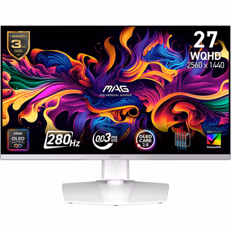 MSI MAG 272QPWDE QD-OLED X28 gaming-skärm – 26,5 tum – vit, QHD, HDMI, DP, USB‑C, HDR, 280 Hz panel