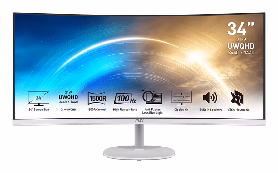 MSI Pro MP341CQWDE bildskärm 86,4 cm (34") 3440 x 1440 pixlar UltraWide Quad HD Vit
