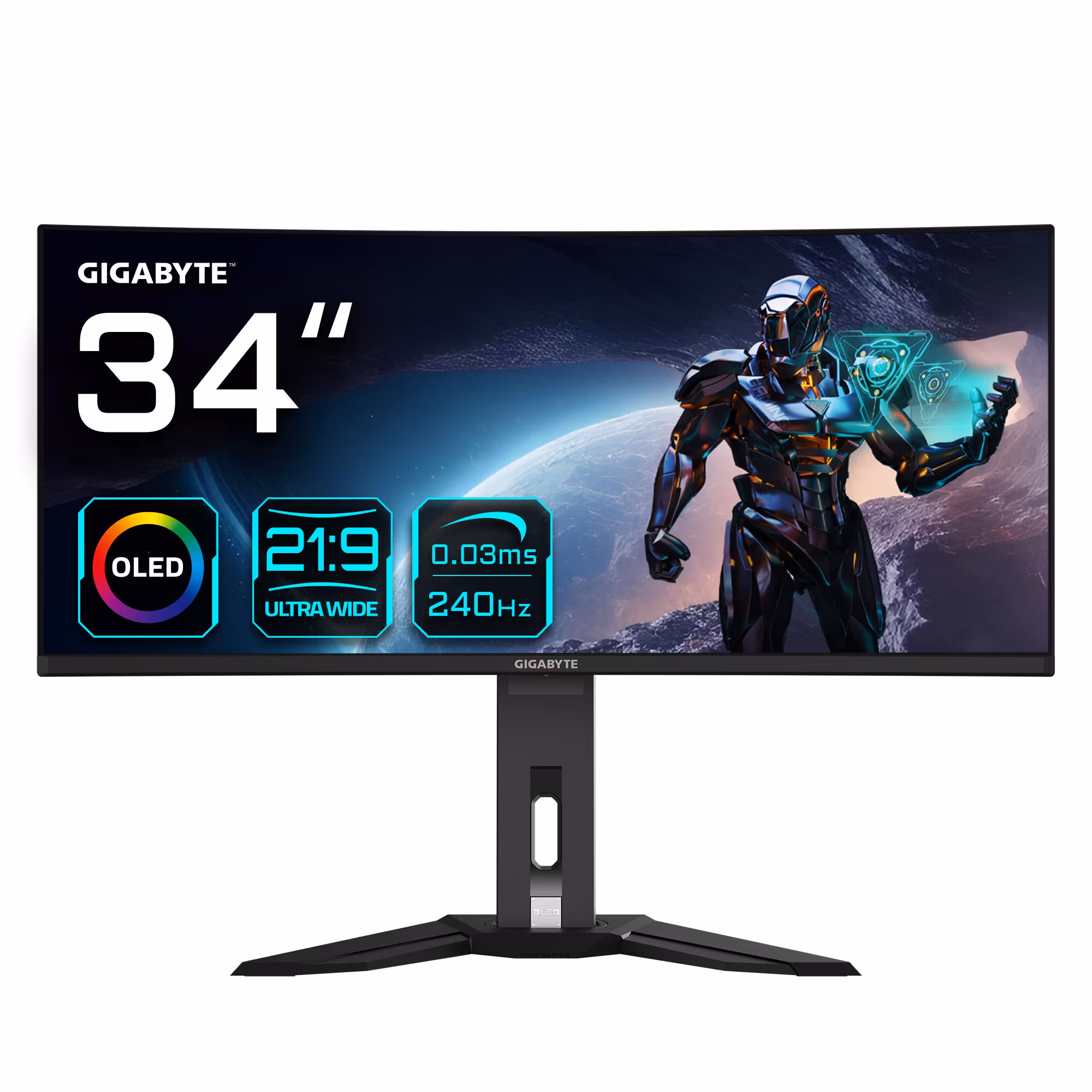GIGABYTE MO34WQC2 34" OLED WQHD böjd gaming-skärm - 3440 x 1440, 240Hz, 0,03ms, KVM, 250 cd/m², FreeSync Premium Pro, DisplayHDR True Black 400, HDMI 2.1, DisplayPort 1.4