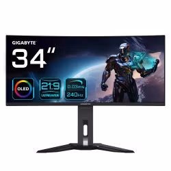 GIGABYTE MO34WQC2 34" OLED WQHD böjd gaming-skärm - 3440 x 1440, 240Hz, 0,03ms, KVM, 250 cd/m², FreeSync Premium Pro, DisplayHDR True Black 400, HDMI 2.1, DisplayPort 1.4