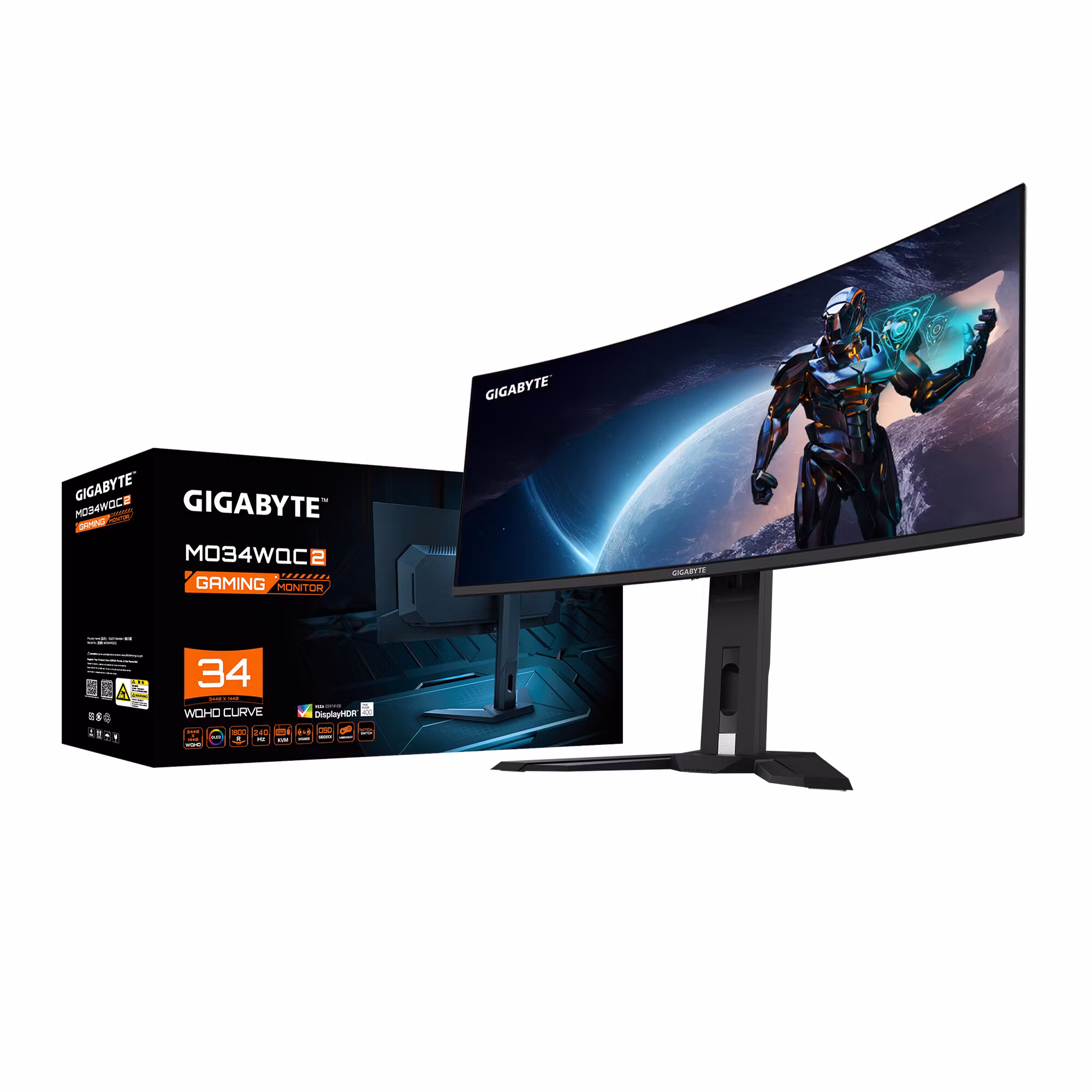GIGABYTE MO34WQC2 34" OLED WQHD böjd gaming-skärm - 3440 x 1440, 240Hz, 0,03ms, KVM, 250 cd/m², FreeSync Premium Pro, DisplayHDR True Black 400, HDMI 2.1, DisplayPort 1.4