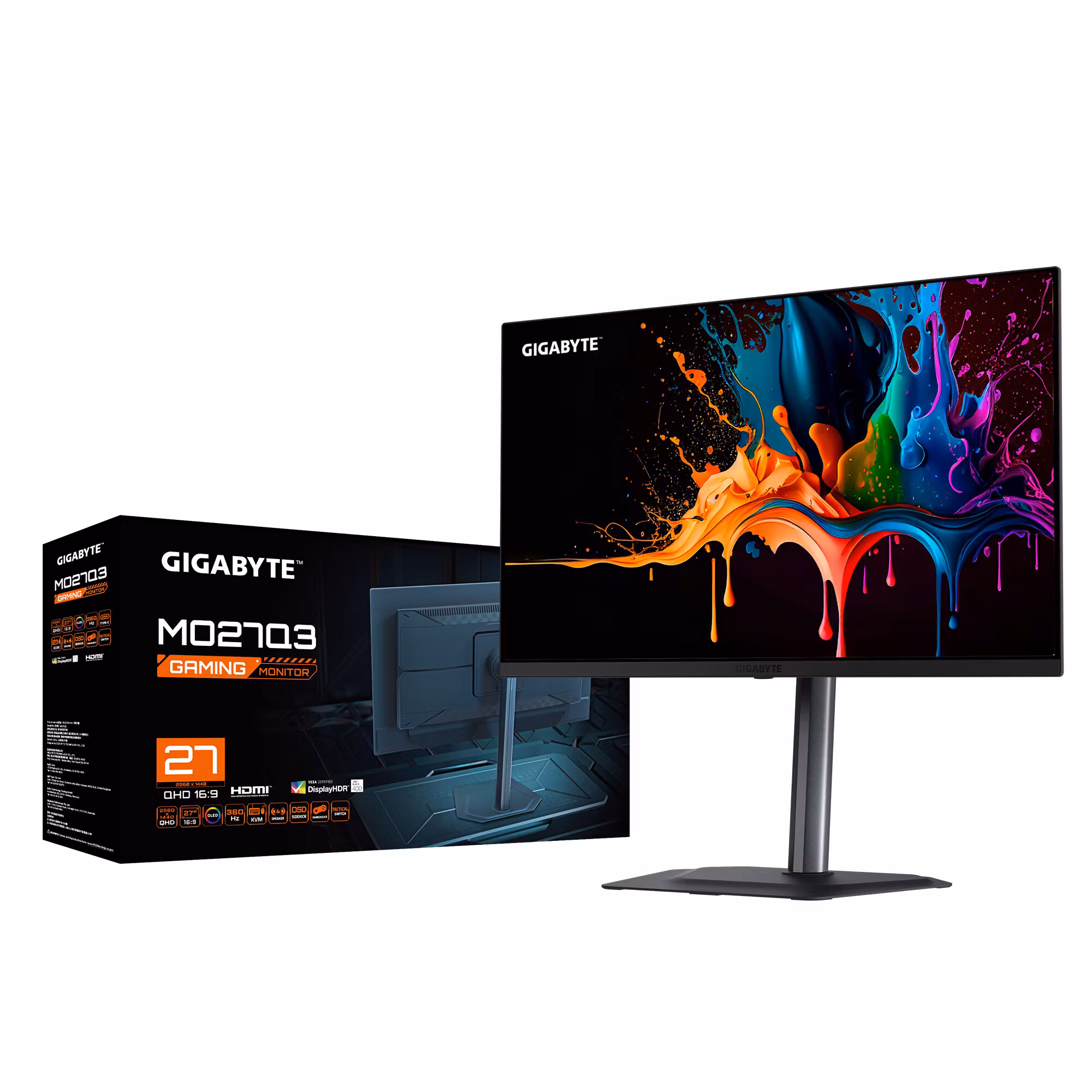GIGABYTE MO27Q3 27” OLED QHD Gaming-skärm - 2560 x 1440, 360Hz, 0,03ms, 250 cd/m², G-Sync Compatible, FreeSync Premium Pro, Display HDR True Black 400, HDMI 2.1, DisplayPort 1.4