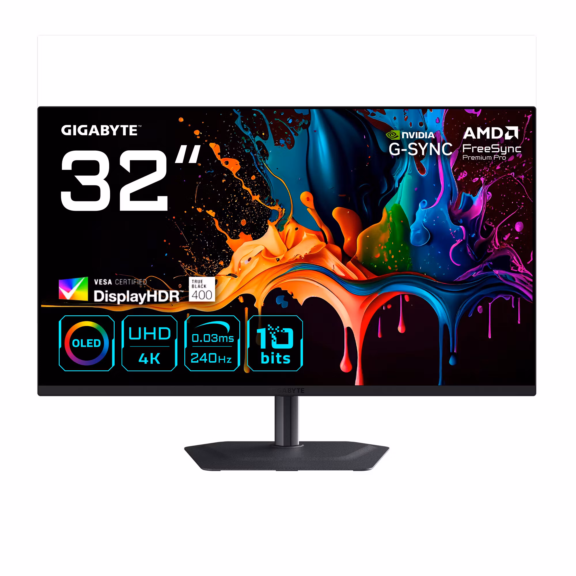 GIGABYTE MO32U2 32” OLED 4K UHD Gaming Monitor - 3840 x 2160, 240Hz, 0,03ms, 250 cd/m², G-Sync Compatible, FreeSync Premium Pro, Display HDR True Black 400, HDMI 2.1, Displayport 1.4