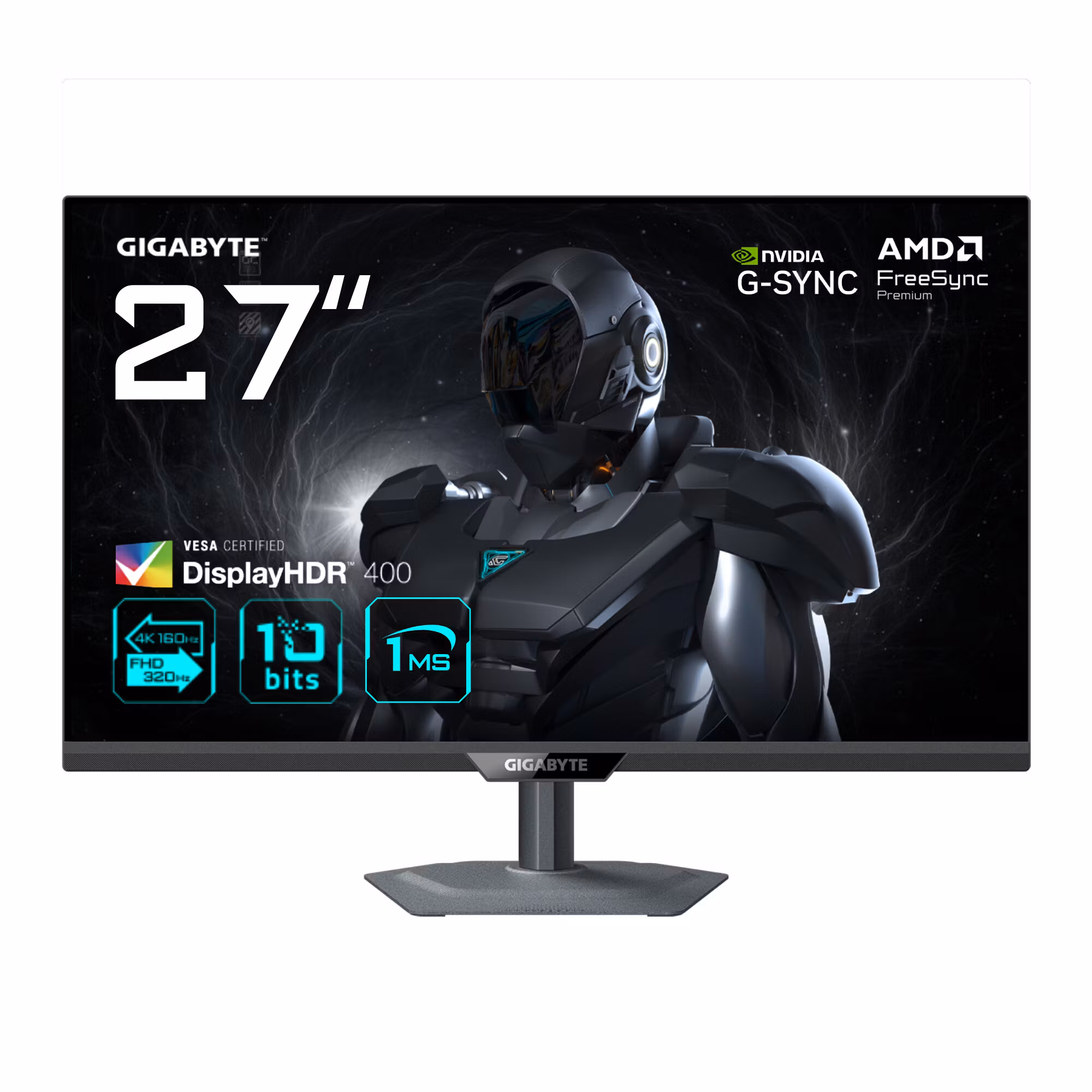 GIGABYTE G27U 27” 4K UHD Gaming-skärm – Dual Mode (4K 160Hz eller FHD 320Hz), 3840 x 2160, 1 ms, 350 cd/m², FreeSync Premium, DisplayHDR400, HDMI 2.1, DisplayPort 1.4