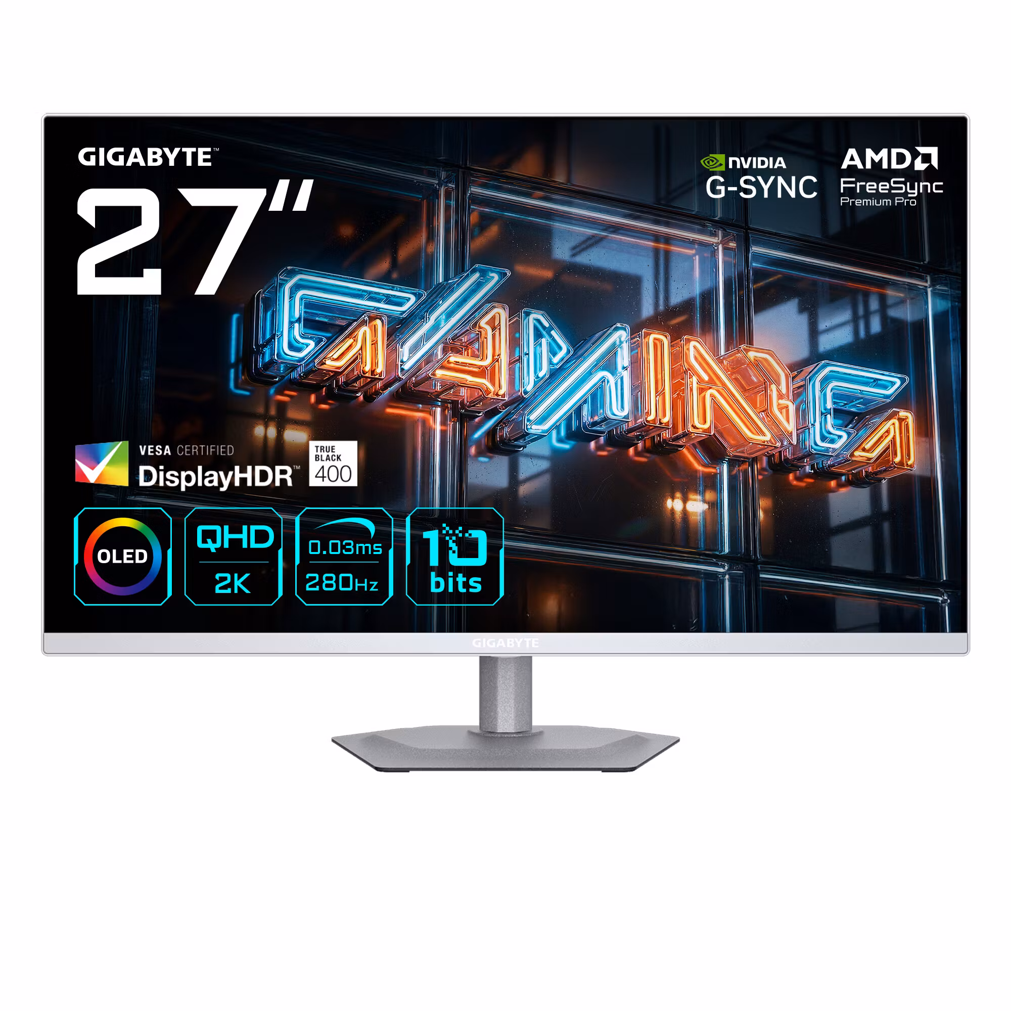 GIGABYTE MO27Q2A ICE 27” OLED 2K QHD Gaming-skärm - 2560 x 1440, 280Hz, 0,03ms, 250 cd/m², FreeSync Premium Pro, DisplayHDR True Black 400, HDMI 2.1, DisplayPort 1.4