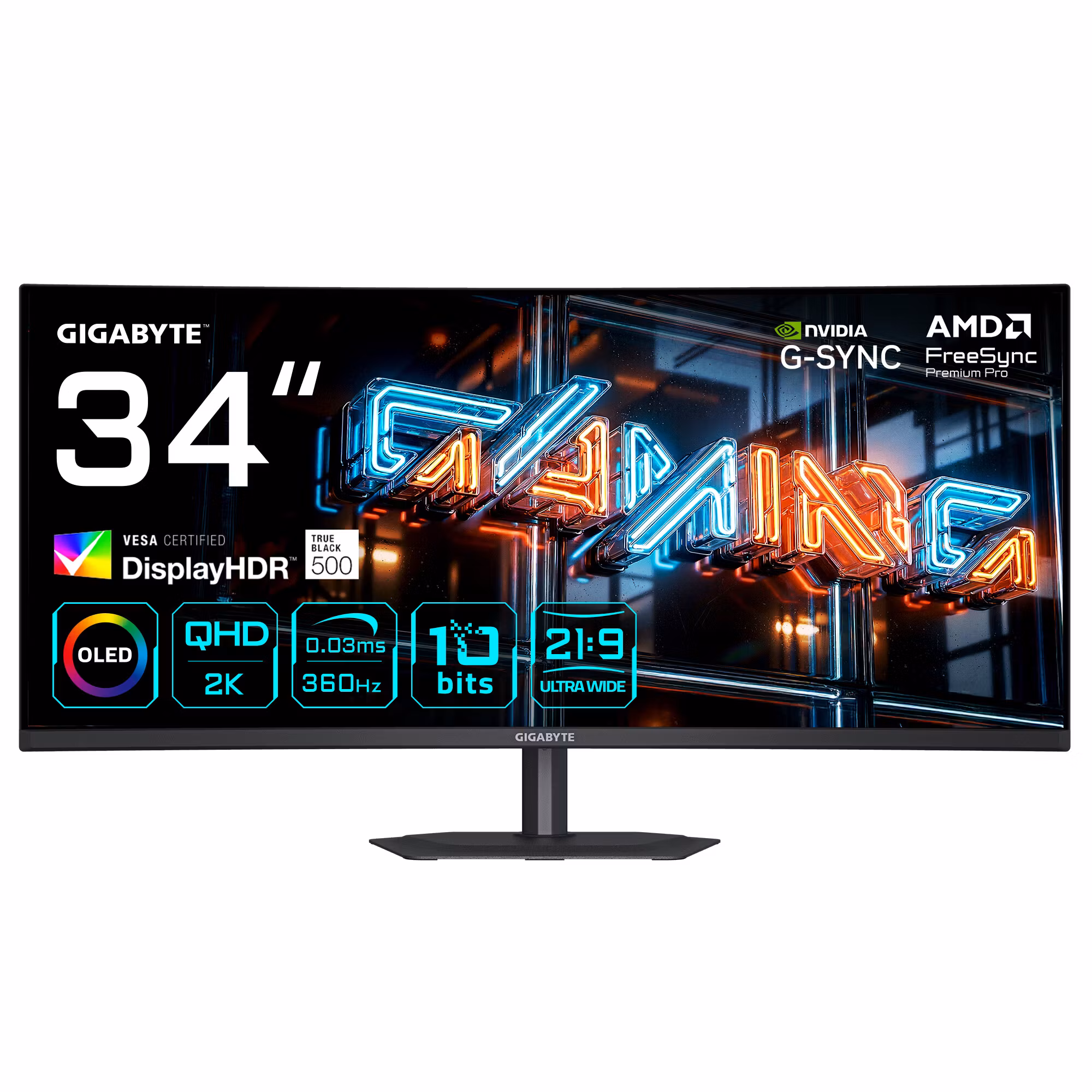 GIGABYTE MO34WQC36 34” WQHD böjd gamingmonitor - 3440 x 1440, 360Hz, 0.03ms, KVM, 300 cd/m², FreeSync Premium Pro, DisplayHDR True Black 500, HDMI 2.1, DisplayPort 2.1