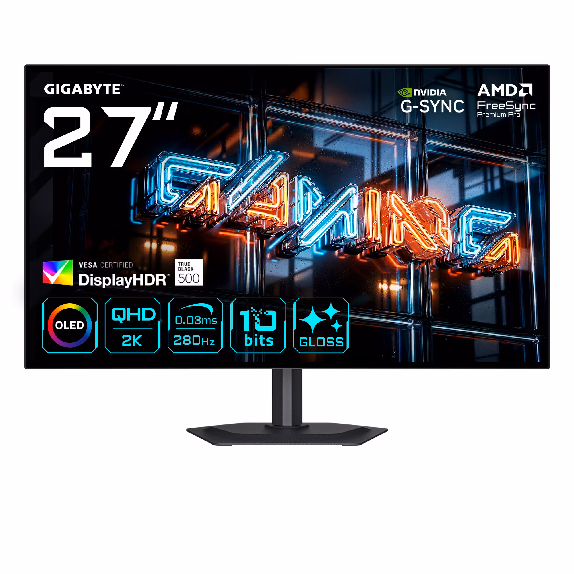 GIGABYTE MO27Q28GR 27” Glossy WOLED QHD Gaming-skärm - 2560 x 1440, 280Hz, 0,03ms, 335 cd/m², Display HDR True Black 500, HDMI 2.1, DisplayPort 1.4