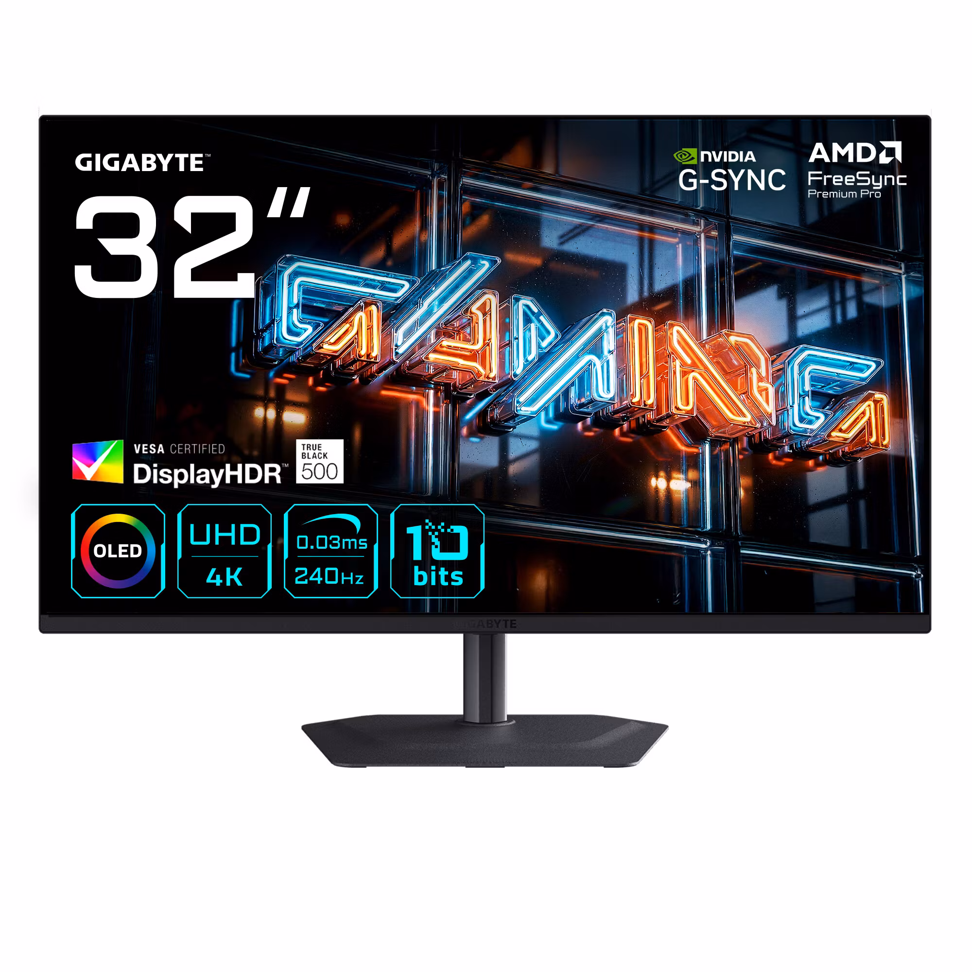 GIGABYTE MO32U24 32” OLED 4K UHD Gaming-skärm - 3840 x 2160, 240Hz, 0,03ms, 300 cd/m², G-Sync Compatible, FreeSync Premium Pro, Display HDR True Black 500, HDMI 2.1, DisplayPort 1.4
