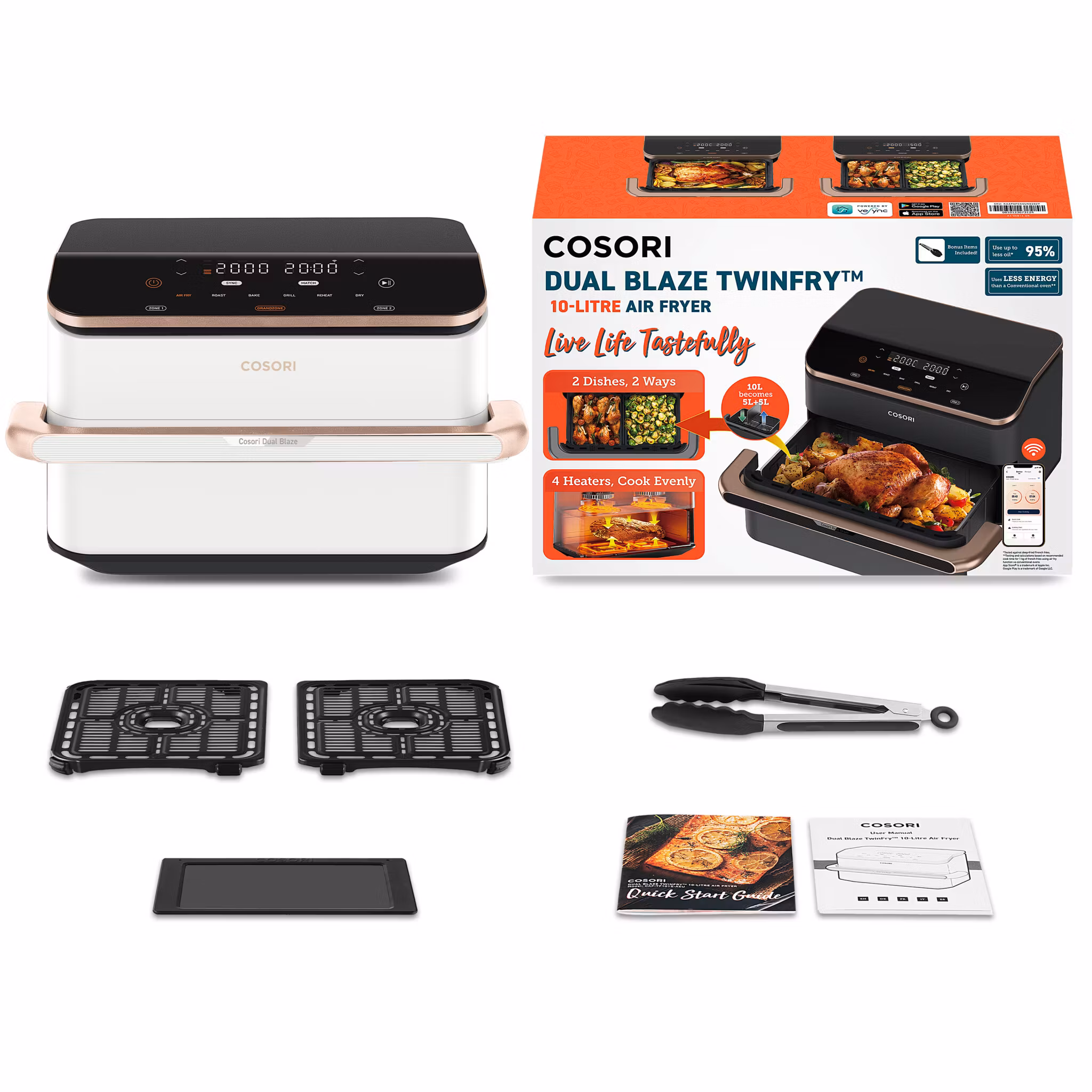 Cosori Dual Blaze Twinfry Chef Edition dubbel 10 L fristående varmluftsfritös, roséguld/vit