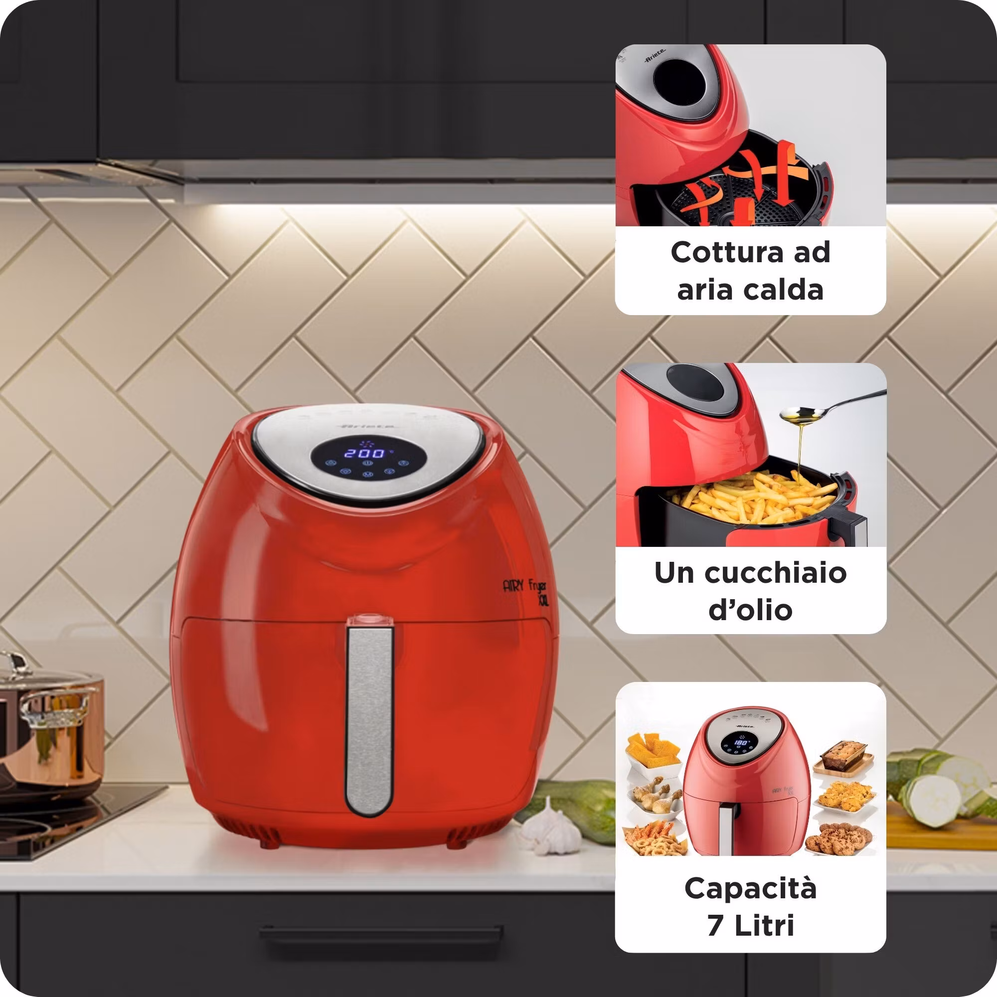 Ariete 4618 Airy Fryer XXL - Air Fryer - Fritera 2,5 kg pommes frites - 7 liter - Matlagning utan olja och fett - 1800 watt - Röd