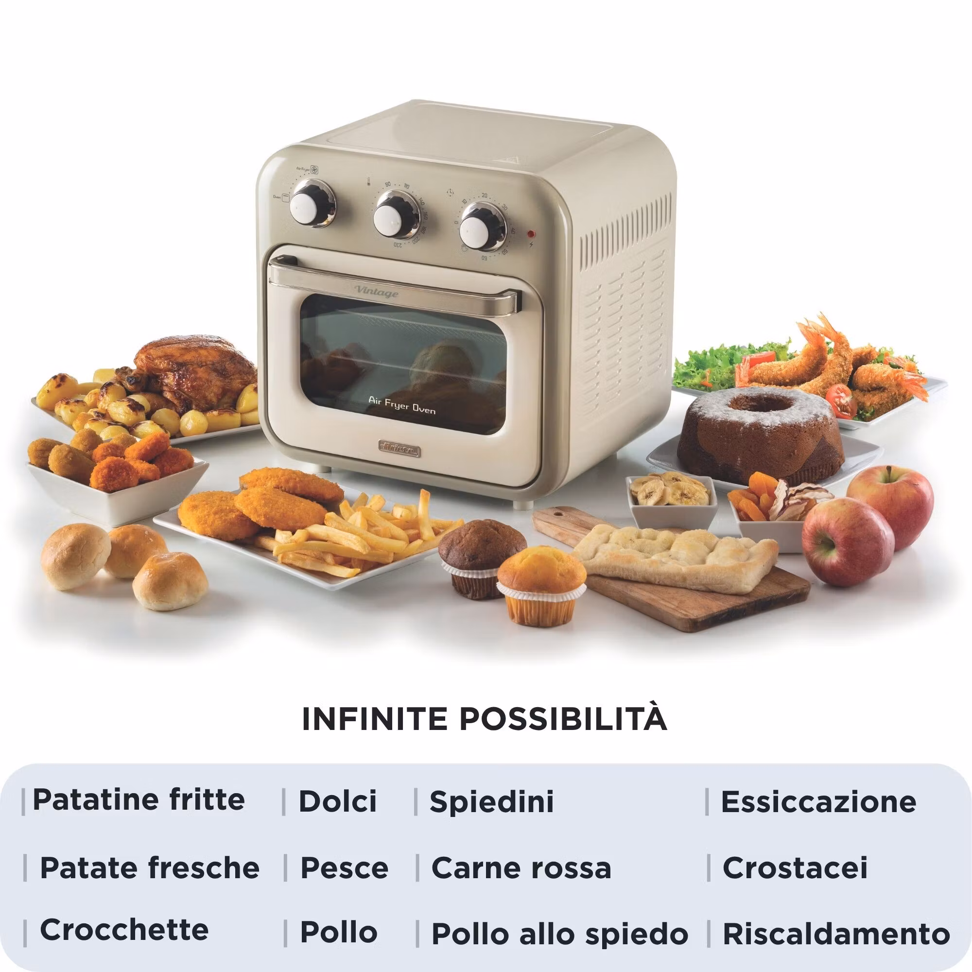 Ariete 4632 Air fryer and oven Vintage, 1400W, 2in1, Kapacitet 16L, Tillbehör ingår, Timer 60 minuter, Dubbelt glas, Beige