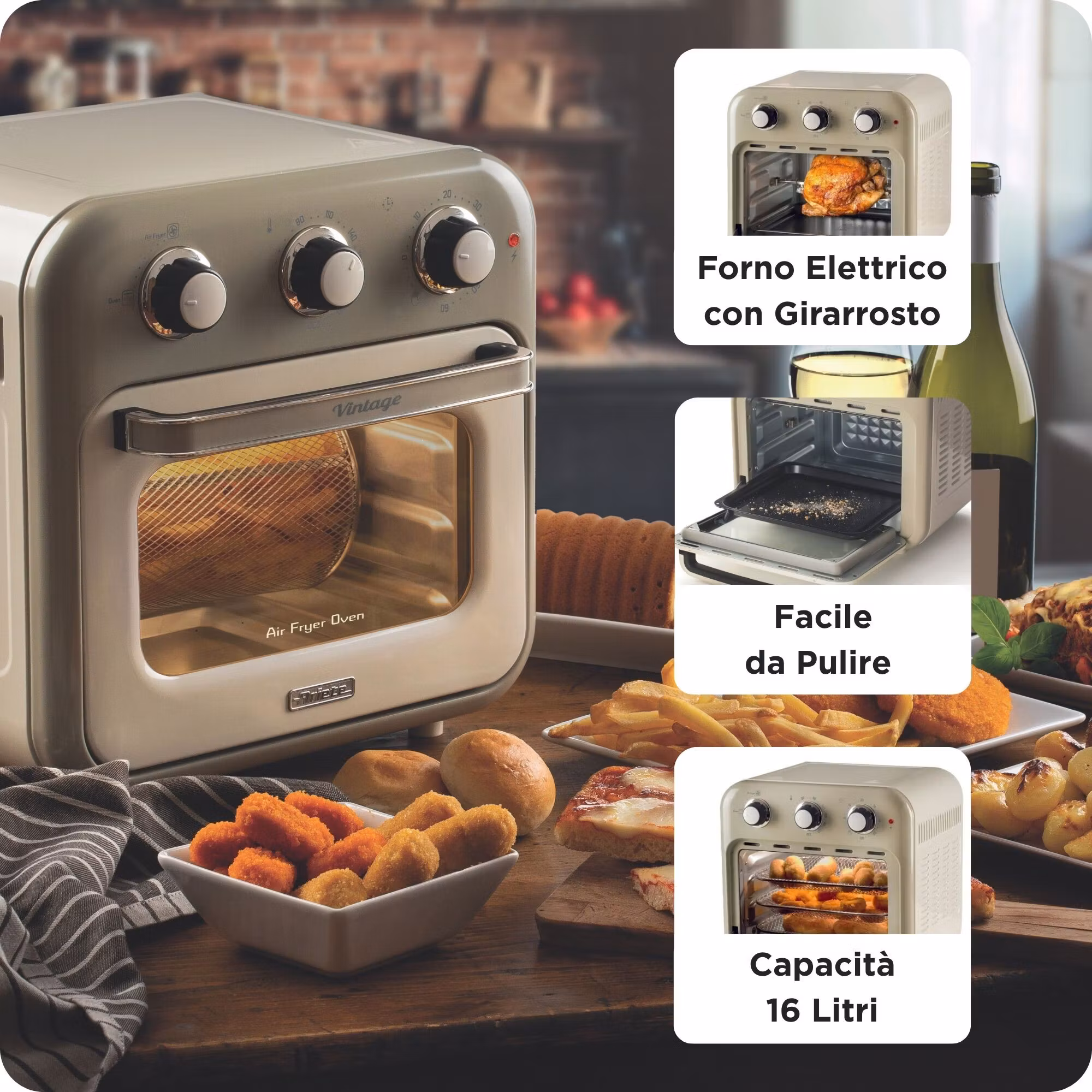 Ariete 4632 Air fryer and oven Vintage, 1400W, 2in1, Kapacitet 16L, Tillbehör ingår, Timer 60 minuter, Dubbelt glas, Beige