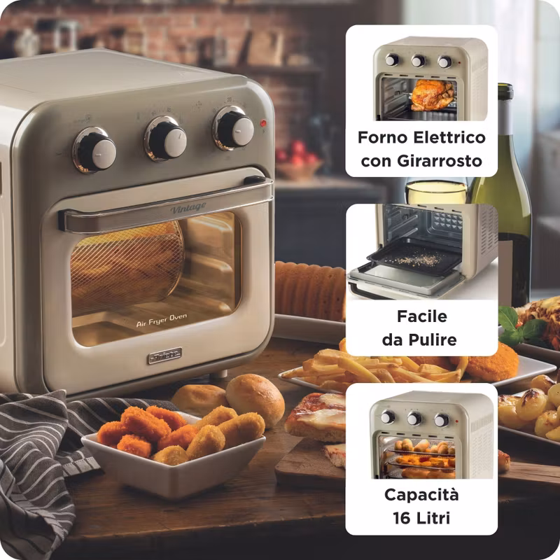 Ariete 4632 Air fryer and oven Vintage, 1400W, 2in1, Kapacitet 16L, Tillbehör ingår, Timer 60 minuter, Dubbelt glas, Beige