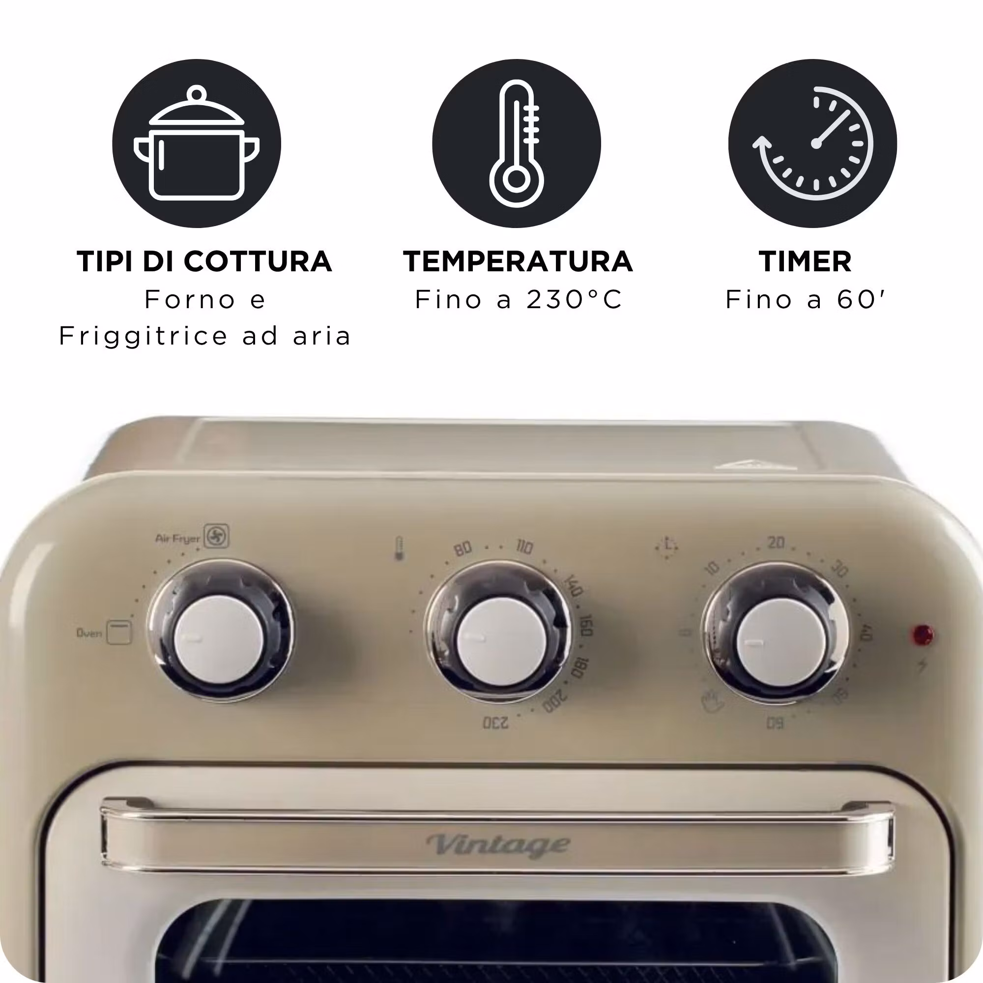 Ariete 4632 Air fryer and oven Vintage, 1400W, 2in1, Kapacitet 16L, Tillbehör ingår, Timer 60 minuter, Dubbelt glas, Beige