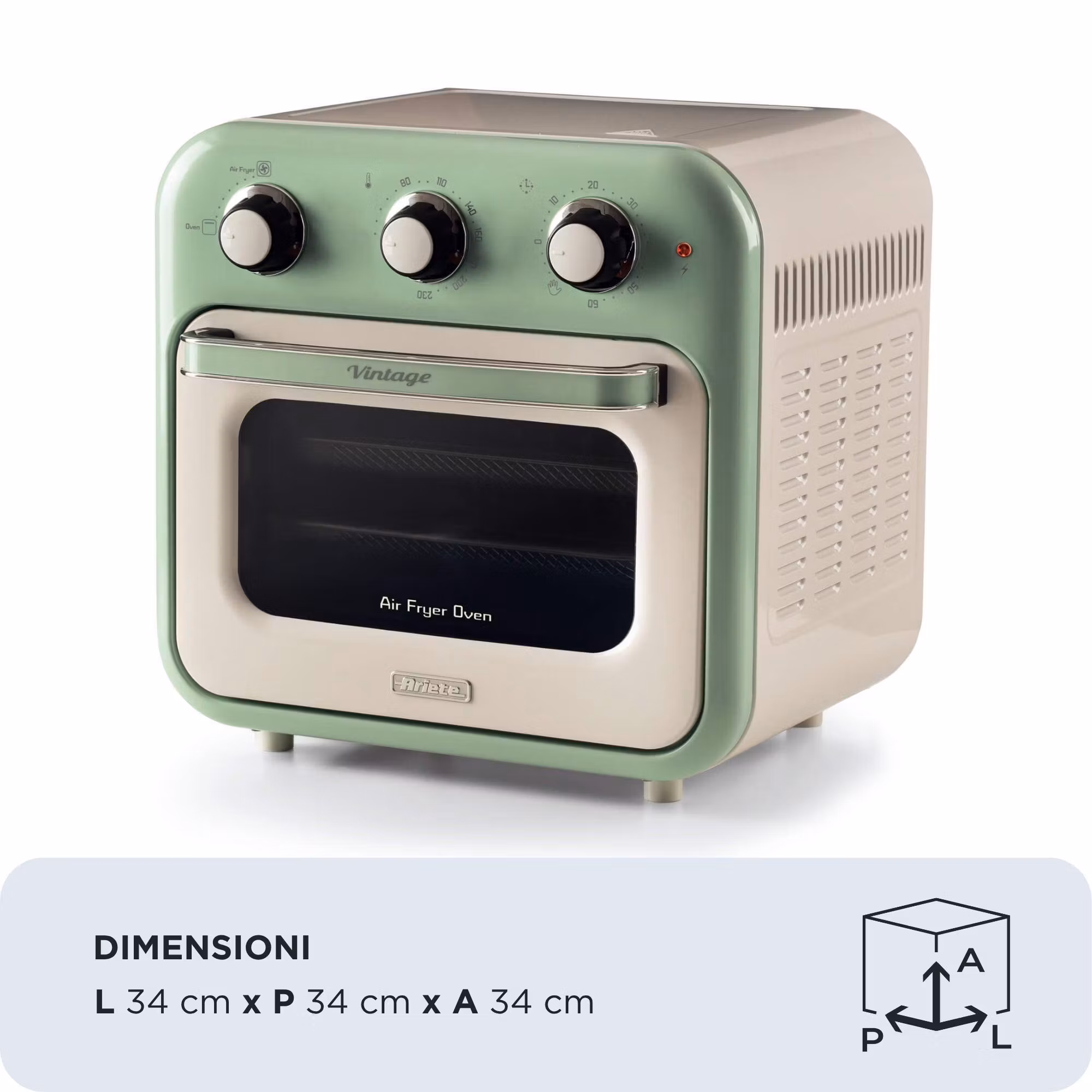 Ariete 4632 Air fryer och ugn Vintage, 1400W, 2in1, Kapacitet 16L, Tillbehör ingår, Timer 60 minuter, Dubbelt glas, Grön