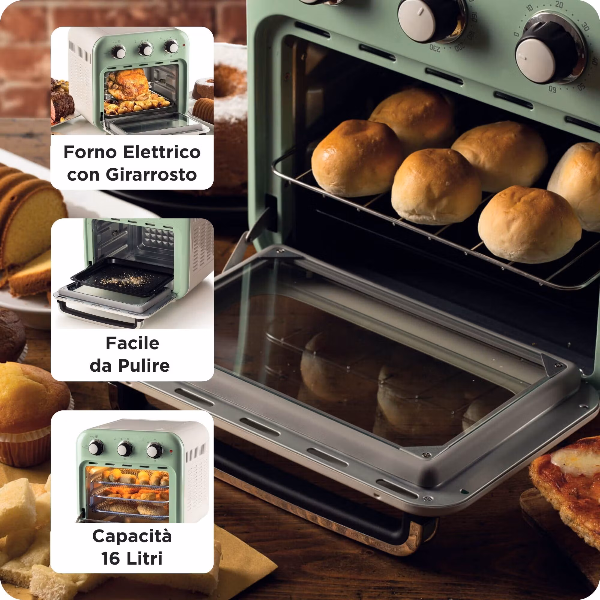 Ariete 4632 Air fryer och ugn Vintage, 1400W, 2in1, Kapacitet 16L, Tillbehör ingår, Timer 60 minuter, Dubbelt glas, Grön