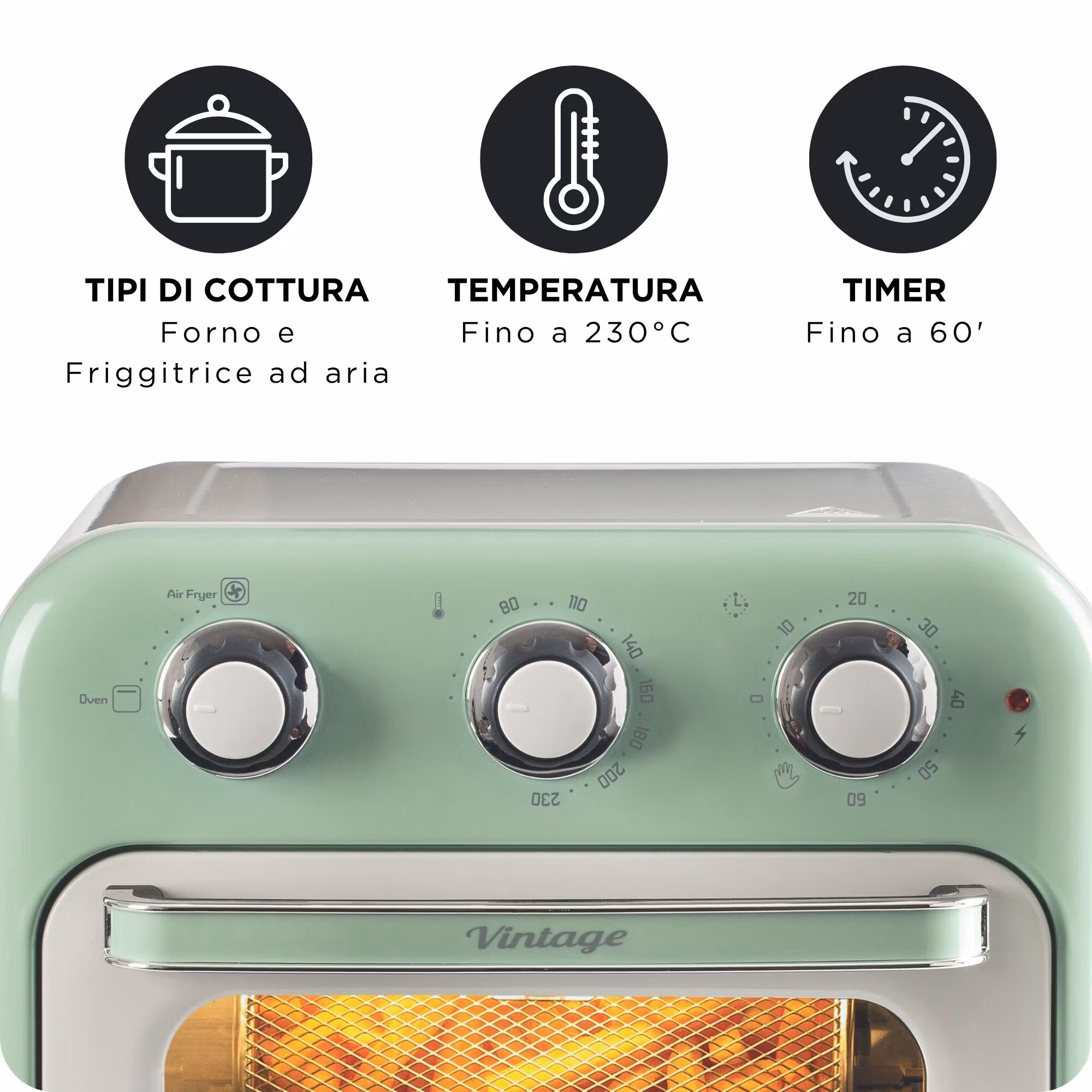 Ariete 4632 Air fryer och ugn Vintage, 1400W, 2in1, Kapacitet 16L, Tillbehör ingår, Timer 60 minuter, Dubbelt glas, Grön