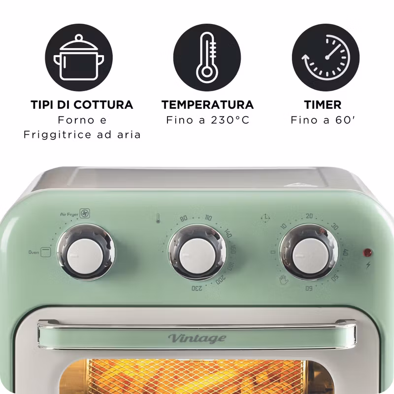 Ariete 4632 Air fryer och ugn Vintage, 1400W, 2in1, Kapacitet 16L, Tillbehör ingår, Timer 60 minuter, Dubbelt glas, Grön