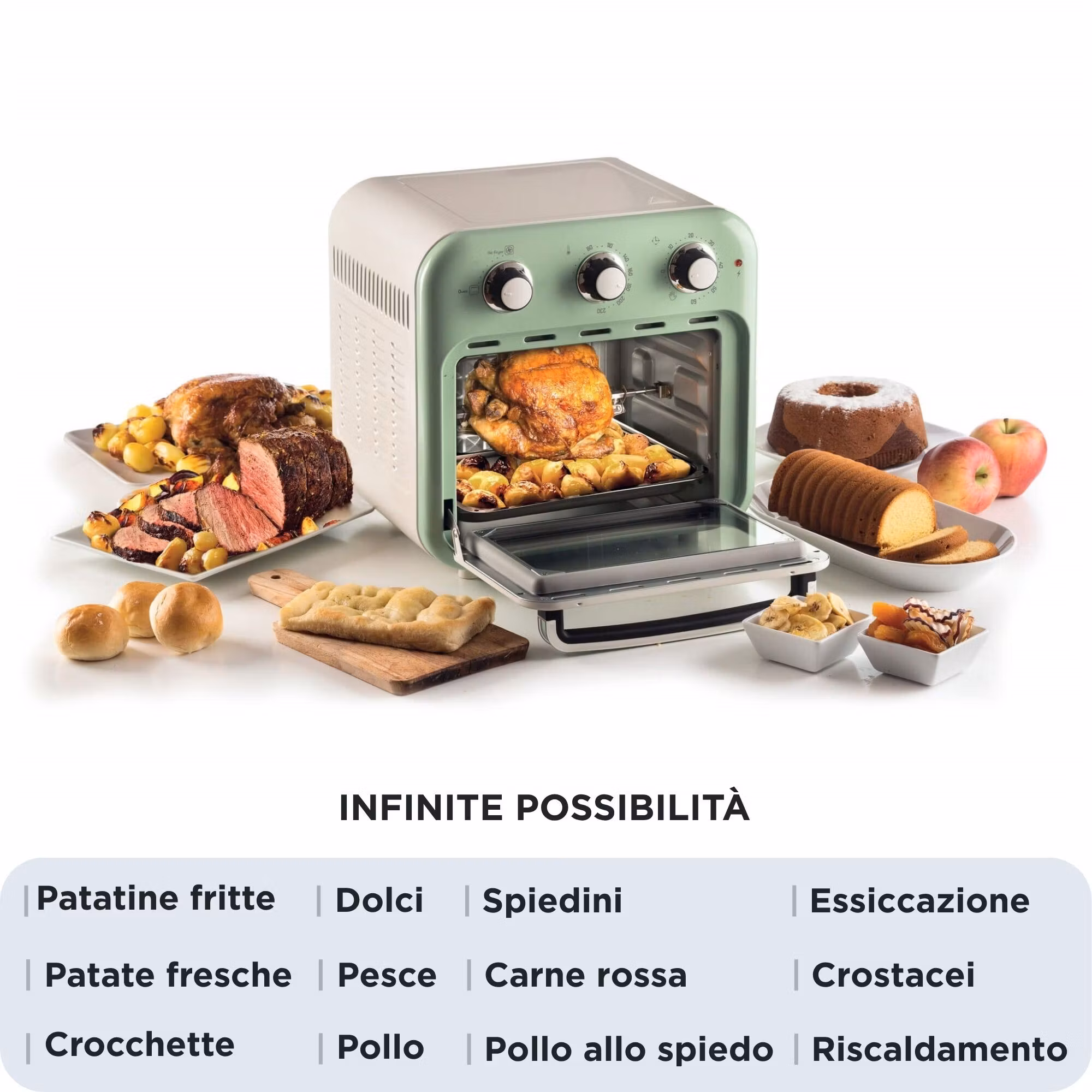 Ariete 4632 Air fryer och ugn Vintage, 1400W, 2in1, Kapacitet 16L, Tillbehör ingår, Timer 60 minuter, Dubbelt glas, Grön
