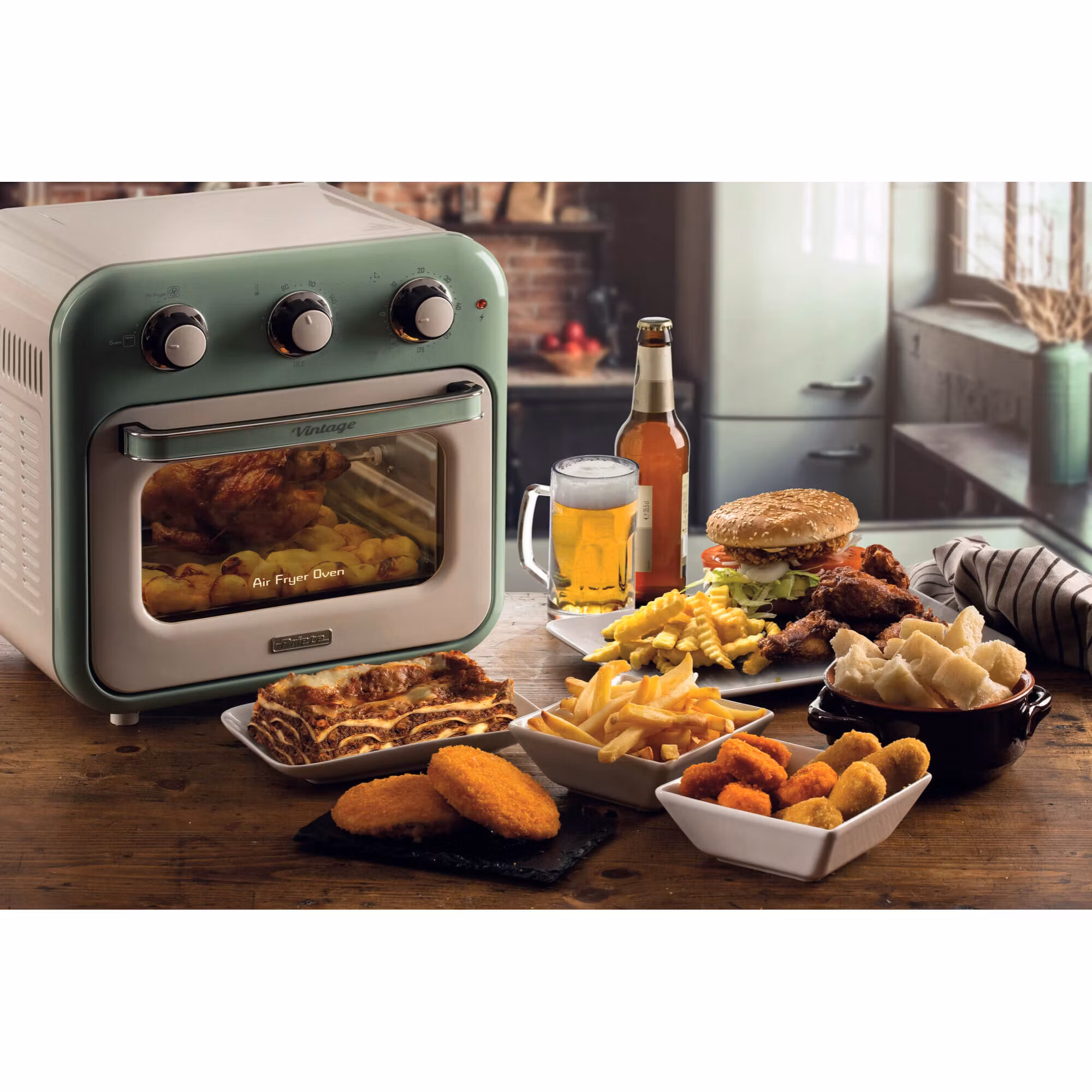 Ariete 4632 Air fryer och ugn Vintage, 1400W, 2in1, Kapacitet 16L, Tillbehör ingår, Timer 60 minuter, Dubbelt glas, Grön