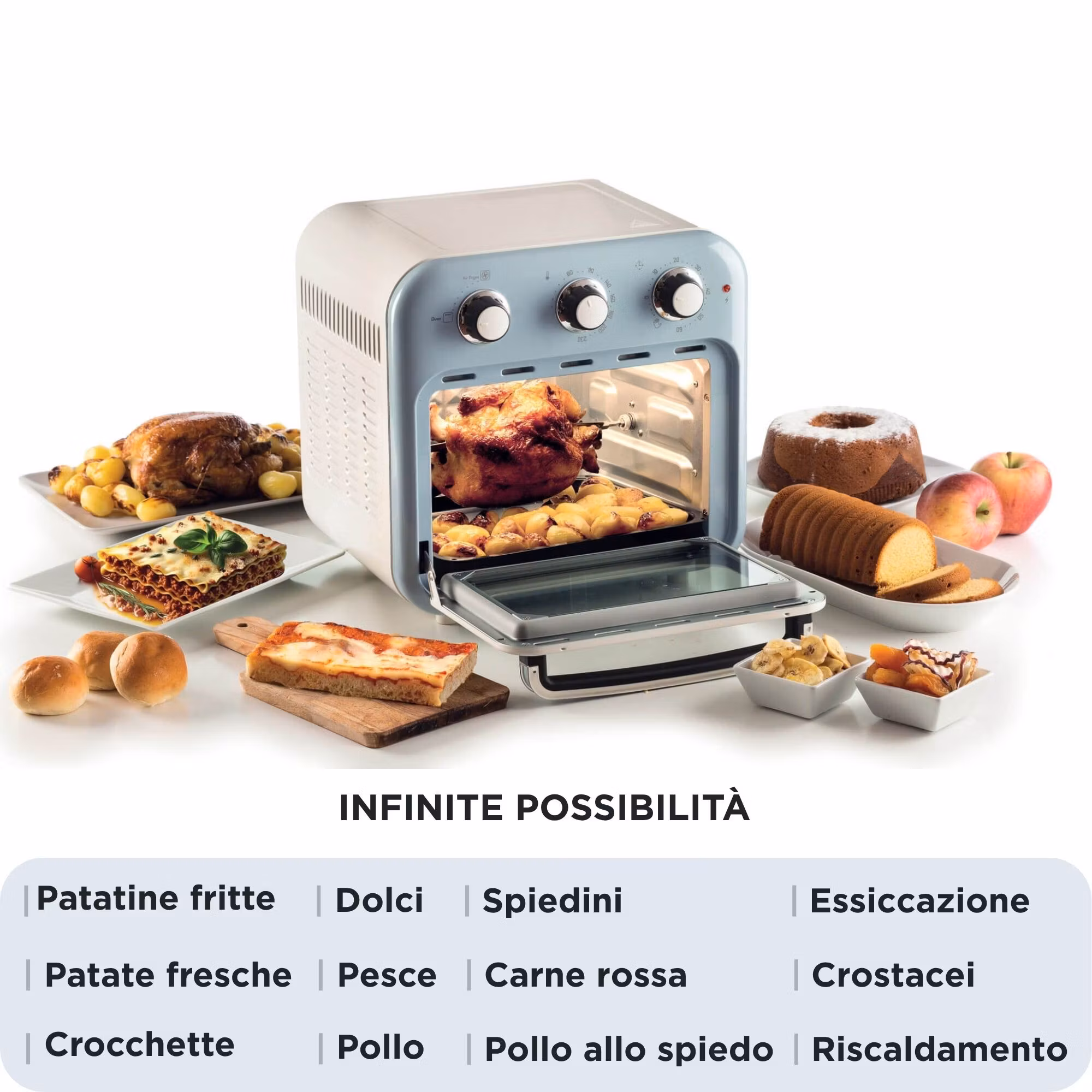 Ariete 4632 Air fryer och ugn Vintage, 1400W, 2in1, kapacitet 16L, tillbehör ingår, timer 60 minuter, dubbelt glas, blå