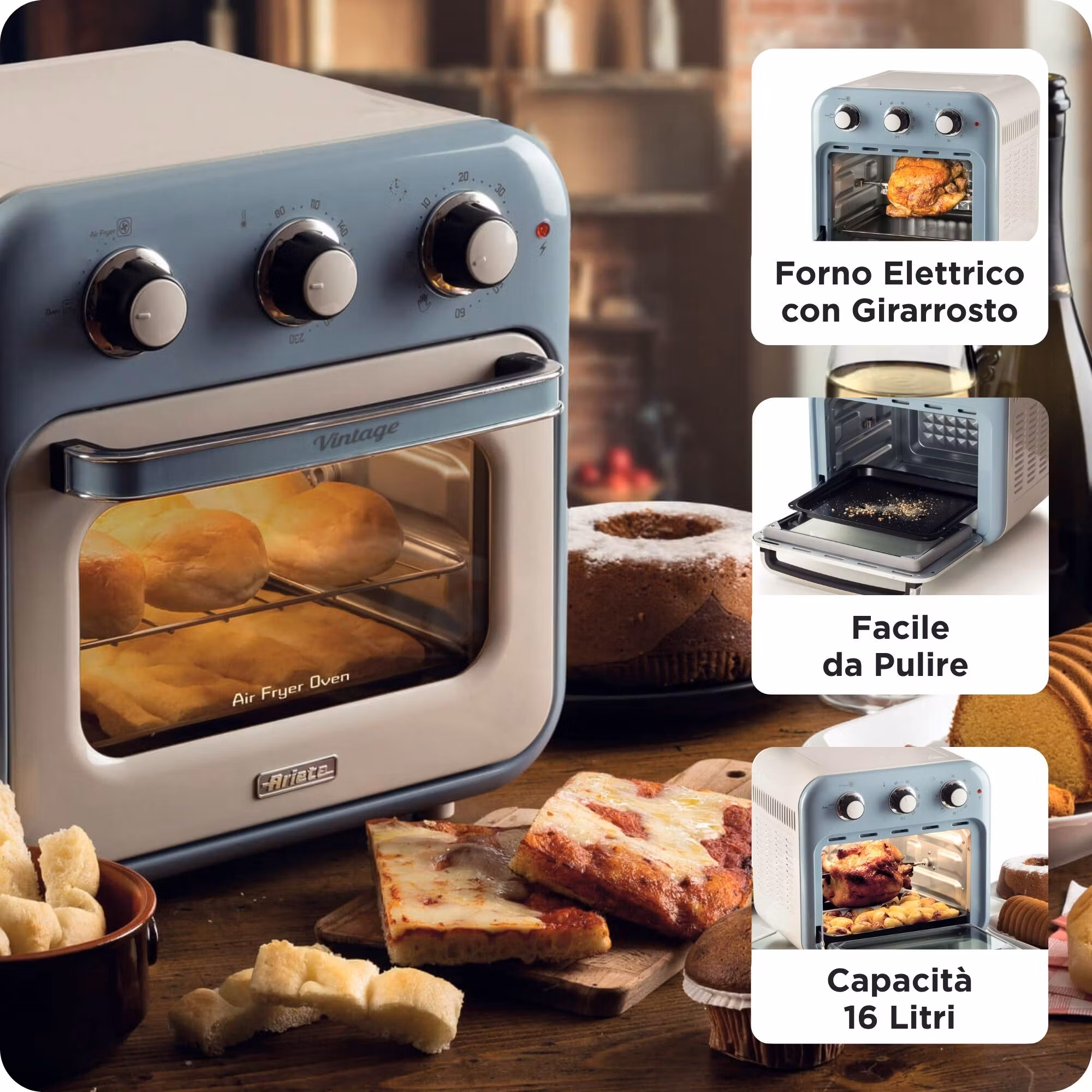 Ariete 4632 Air fryer och ugn Vintage, 1400W, 2in1, kapacitet 16L, tillbehör ingår, timer 60 minuter, dubbelt glas, blå