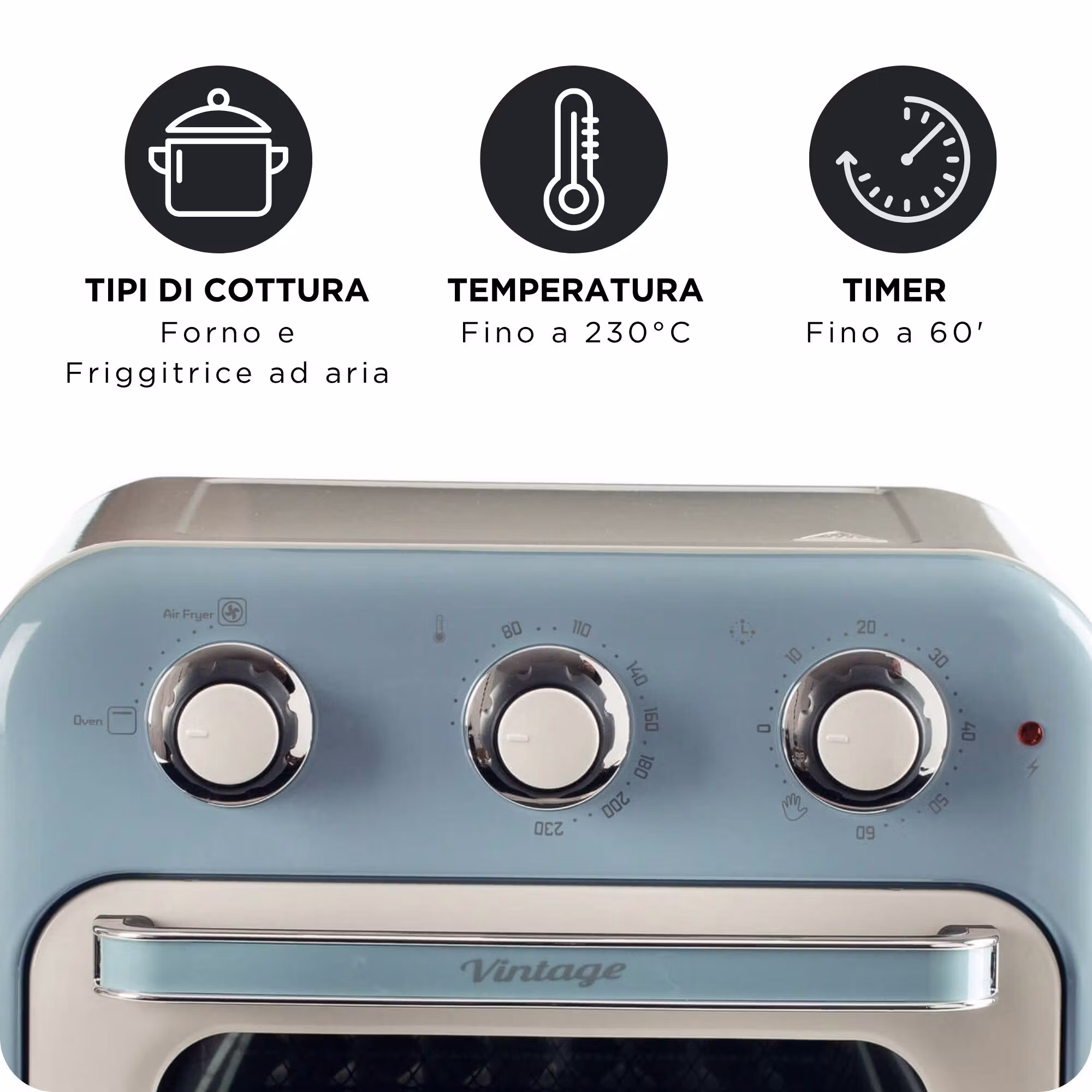 Ariete 4632 Air fryer och ugn Vintage, 1400W, 2in1, kapacitet 16L, tillbehör ingår, timer 60 minuter, dubbelt glas, blå