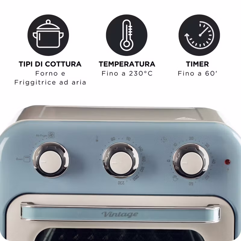Ariete 4632 Air fryer och ugn Vintage, 1400W, 2in1, kapacitet 16L, tillbehör ingår, timer 60 minuter, dubbelt glas, blå