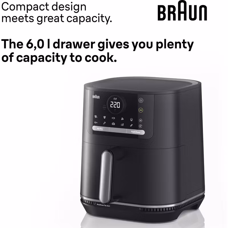 Braun Houshold 2-i-1 varmluftsfritös MultiFry 5, HF 5054I (svart, 2 000 watt, korg 6,0 liter)