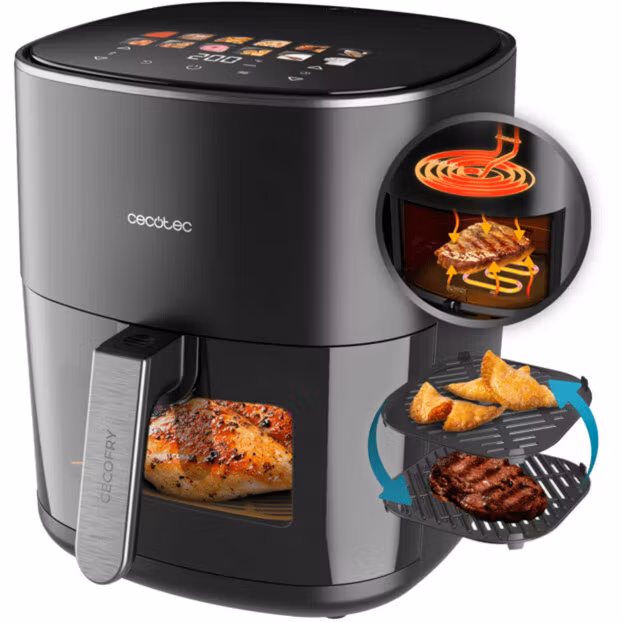 Cecotec Cecofry&Grill Duoheat 6500 svart airfryer, 2 200 watt, 6,5 liters korg, med insynsfönster och dubbelt värmeelement