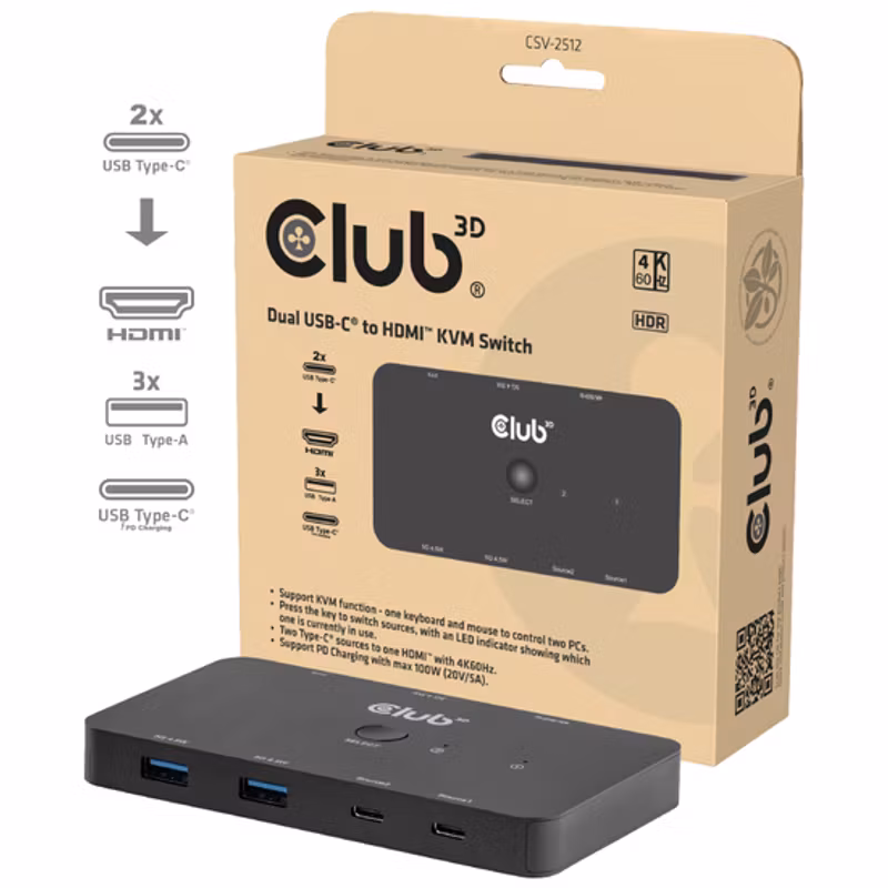 Club 3D CSV-2512 KVM-switch 2 × USB-C till HDMI 4K 60 Hz med 100 W PD