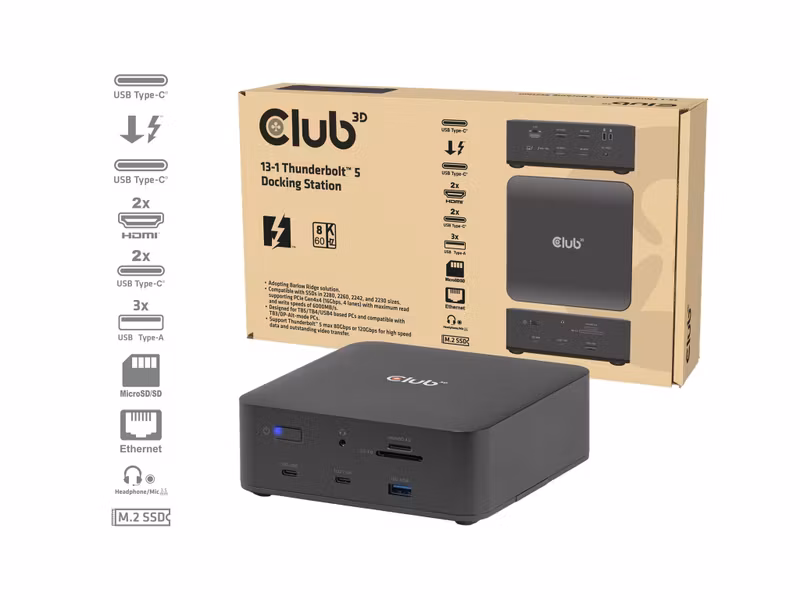 Club 3D CSV-2562 Thunderbolt 5 Dockningsstation 13-i-1 med M.2 SSD-plats och 2 × HDMI 8K