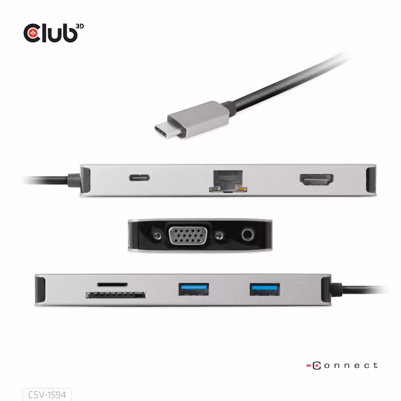 Club 3D CSV-1594 9-i-1 USB-C-hubb med HDMI, VGA och 100 W PD