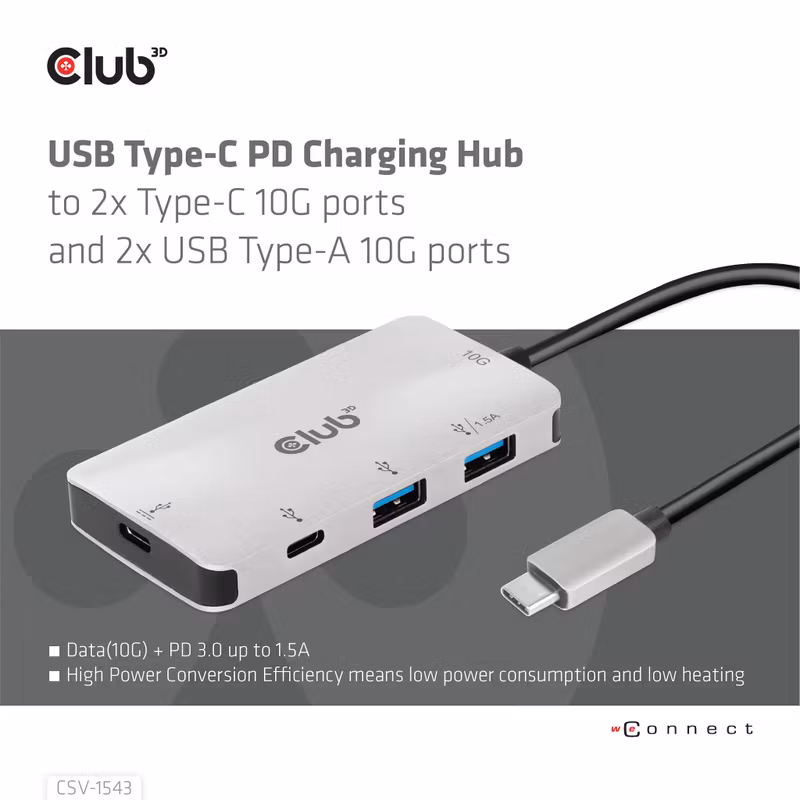 Club 3D CSV-1543 USB-C-hubb 10 Gbps med 2 × USB-C, 2 × USB-A och 100 W PD-laddning Grå