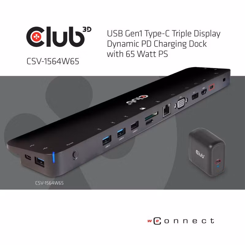 Club 3D CSV-1564W65 USB-C-dockningsstation för tre skärmar med 65 W nätadapter Svart