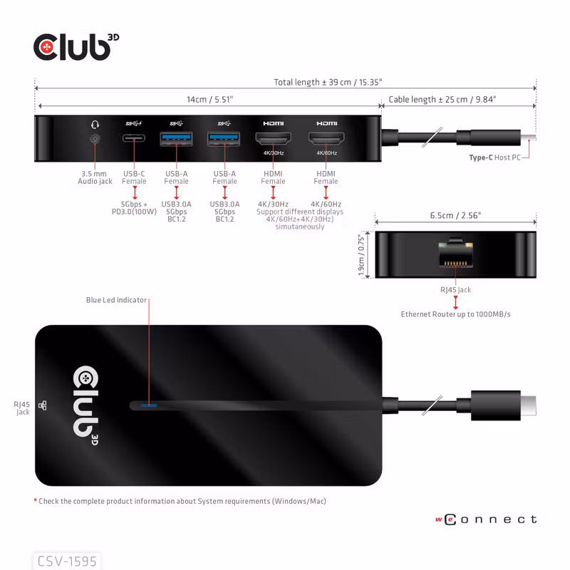 Club 3D CSV-1595 7-i-1 USB-C-dockningsstation med 2 × HDMI och 100 W PD Svart