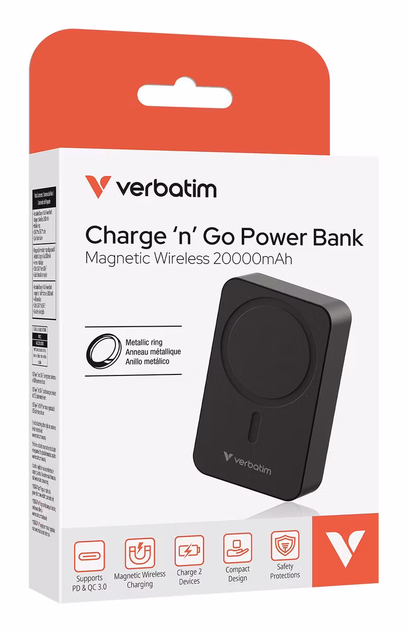 Verbatim Charge 'n' Go Essentials 32223 20 000 mAh Magnetisk Trådlös Powerbank 35 W Svart