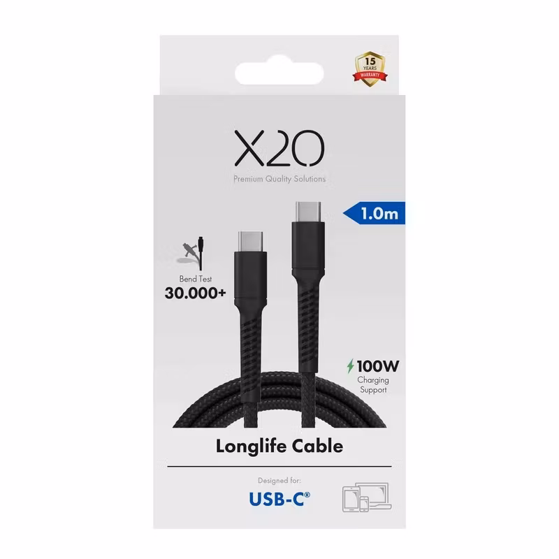 X2O Longlife 100 W USB-C till USB-C-kabel 1 m Svart