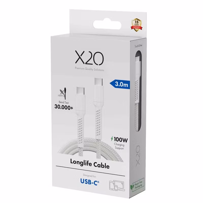 X2O Longlife 100 W USB-C till USB-C-kabel 3 m Vit