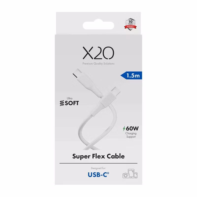 X2O Superflex 60 W USB-C till USB-C-kabel 1,5 m Vit