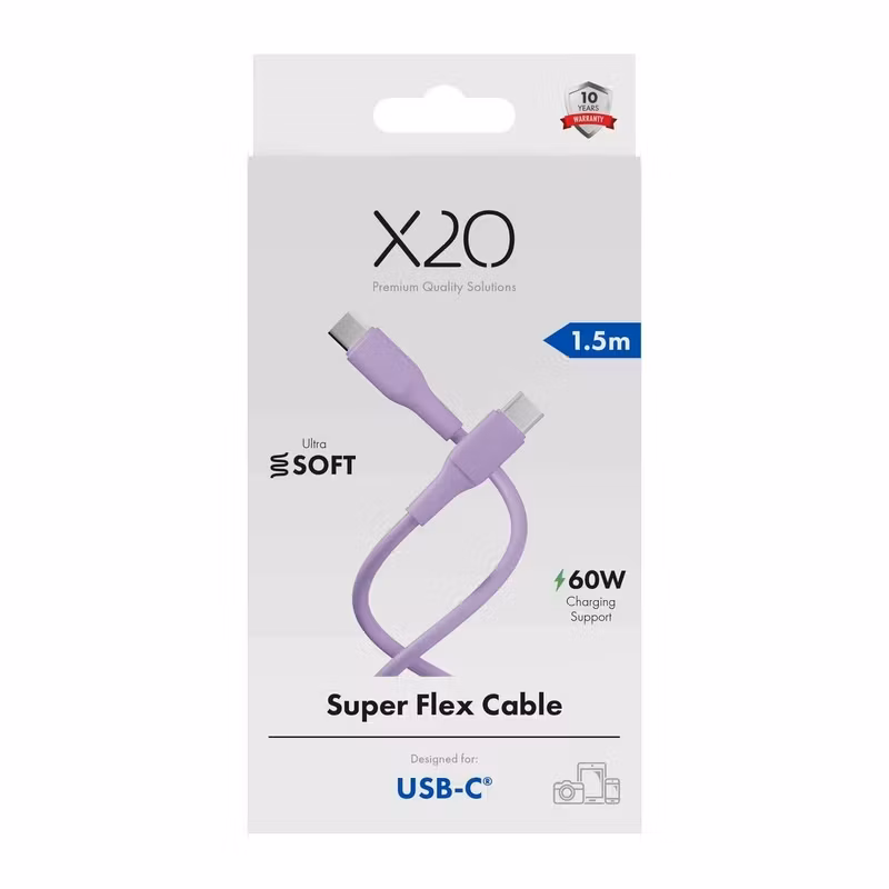 X2O Superflex USB-C till USB-C-kabel 60 W 1,5 m Lavendel