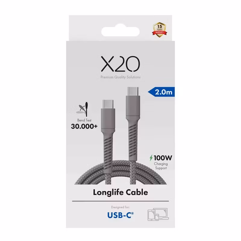 X2O Longlife 100 W USB-C till USB-C-kabel 2 m Titangrå