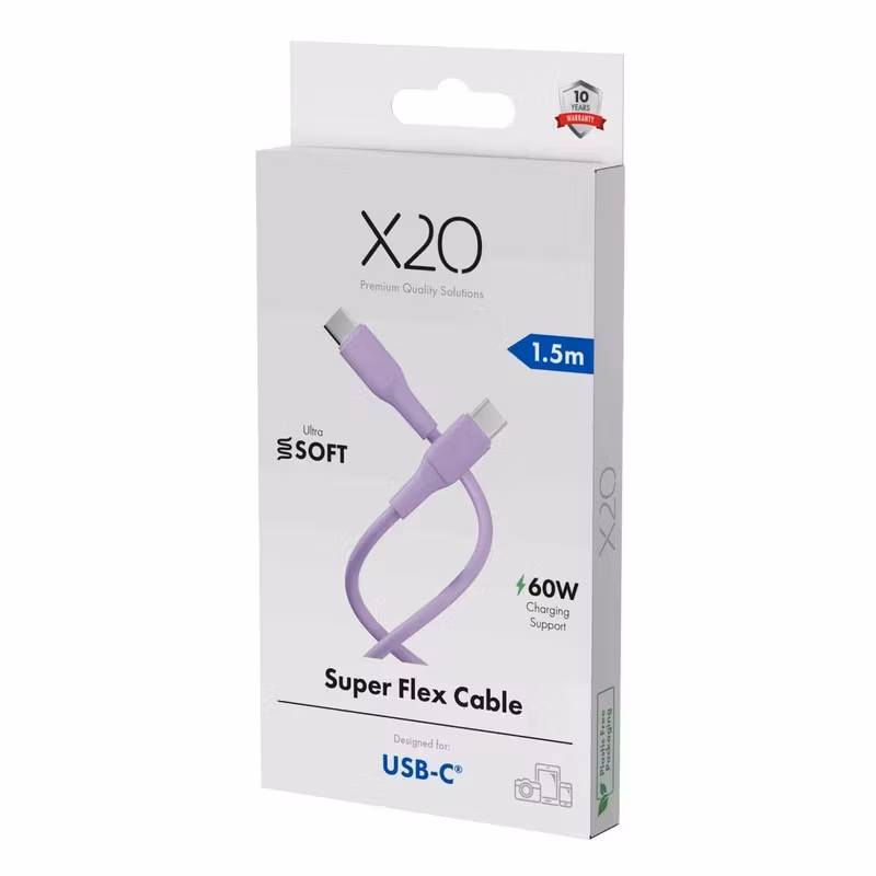 X2O Superflex USB-C till USB-C-kabel 60 W 1,5 m Lavendel